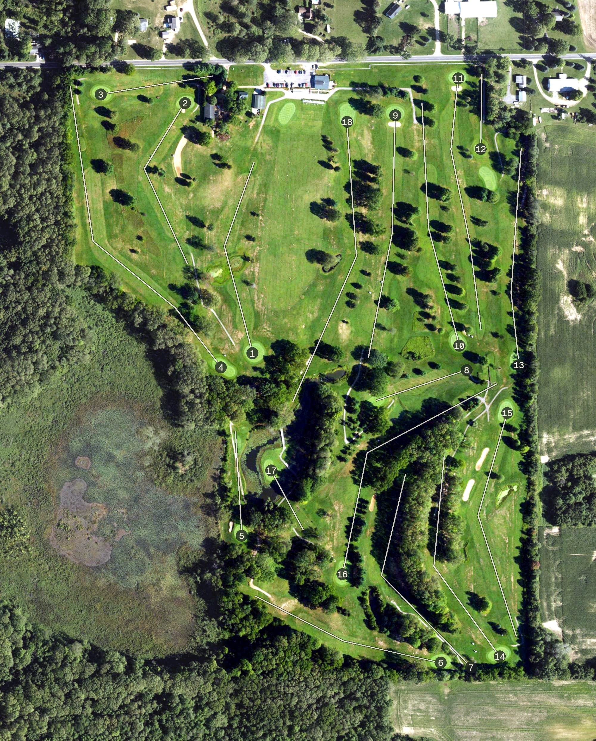 Aerial view of Shamrock Hills Golf Club, MI, with its hole routing marked