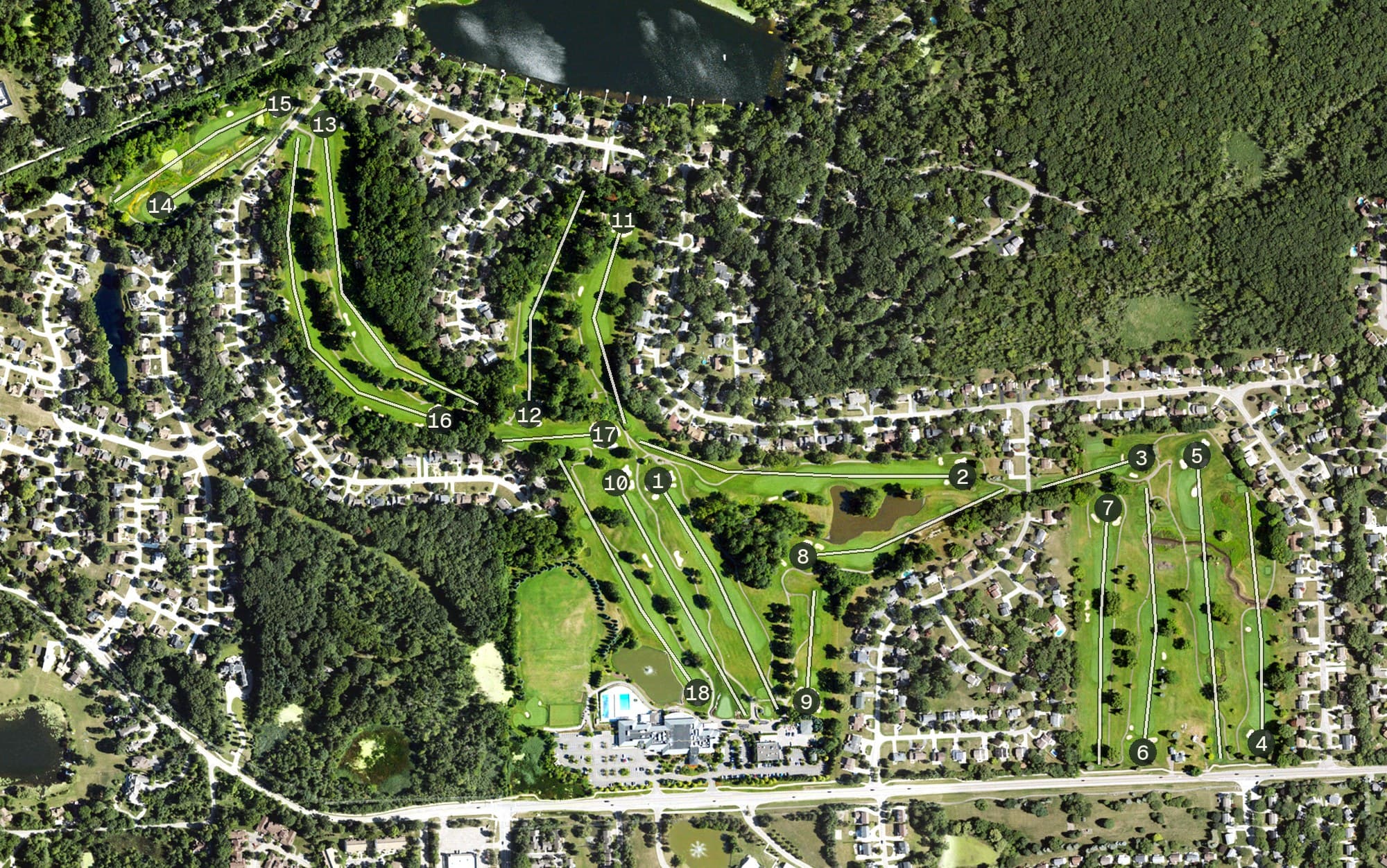 Aerial view of Shenandoah Country Club, MI, with its hole routing marked