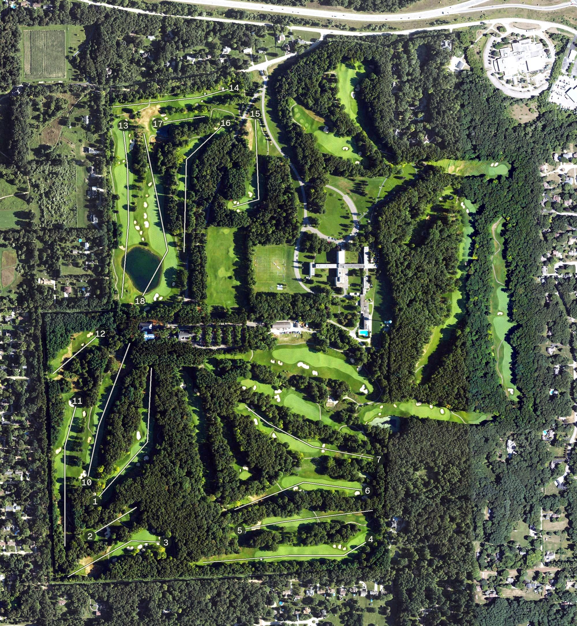 Aerial view of Shepherd's Hollow, MI, with its hole routing marked