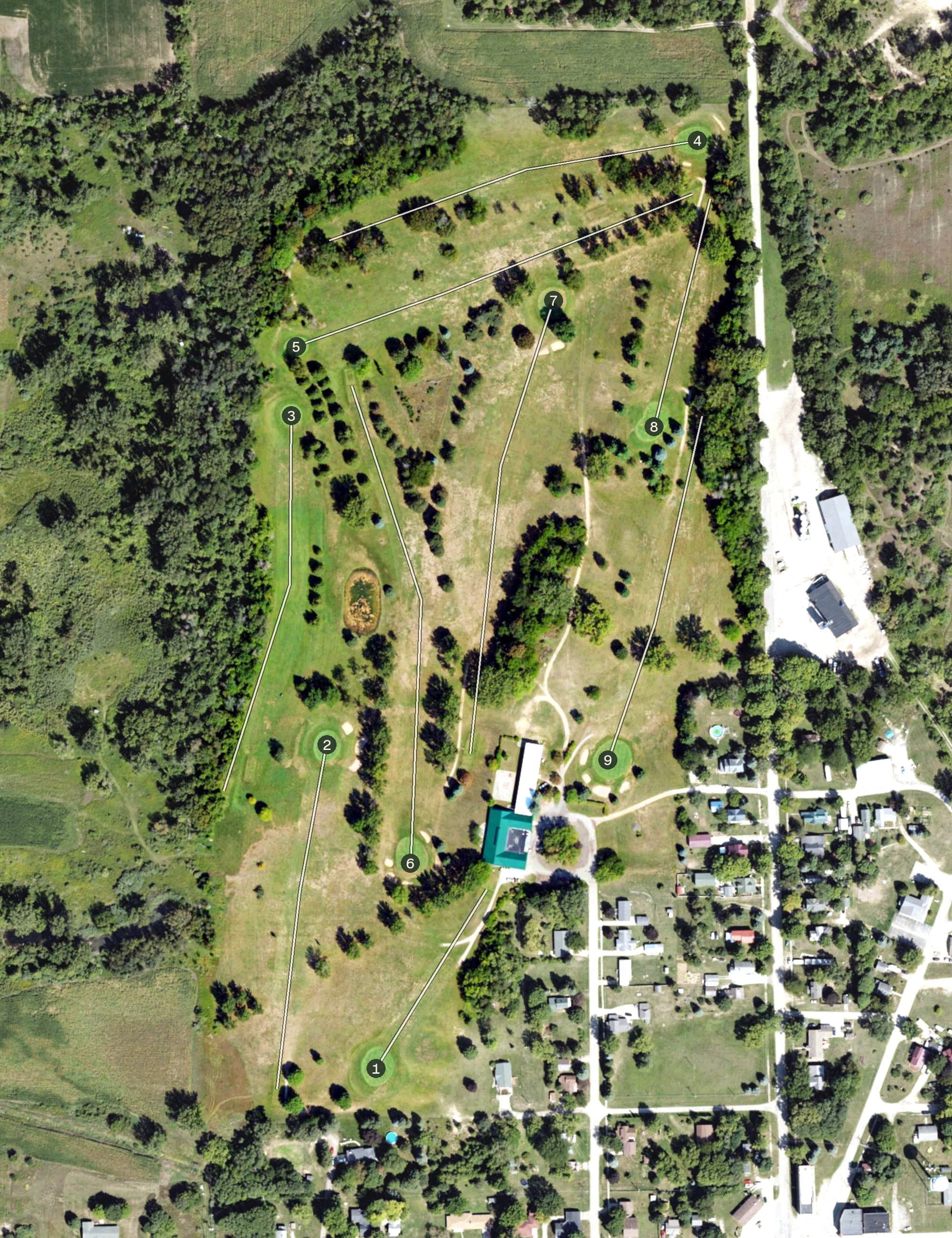 Aerial view of Sherwood on the Hill Golf Course, MI, with its hole routing marked