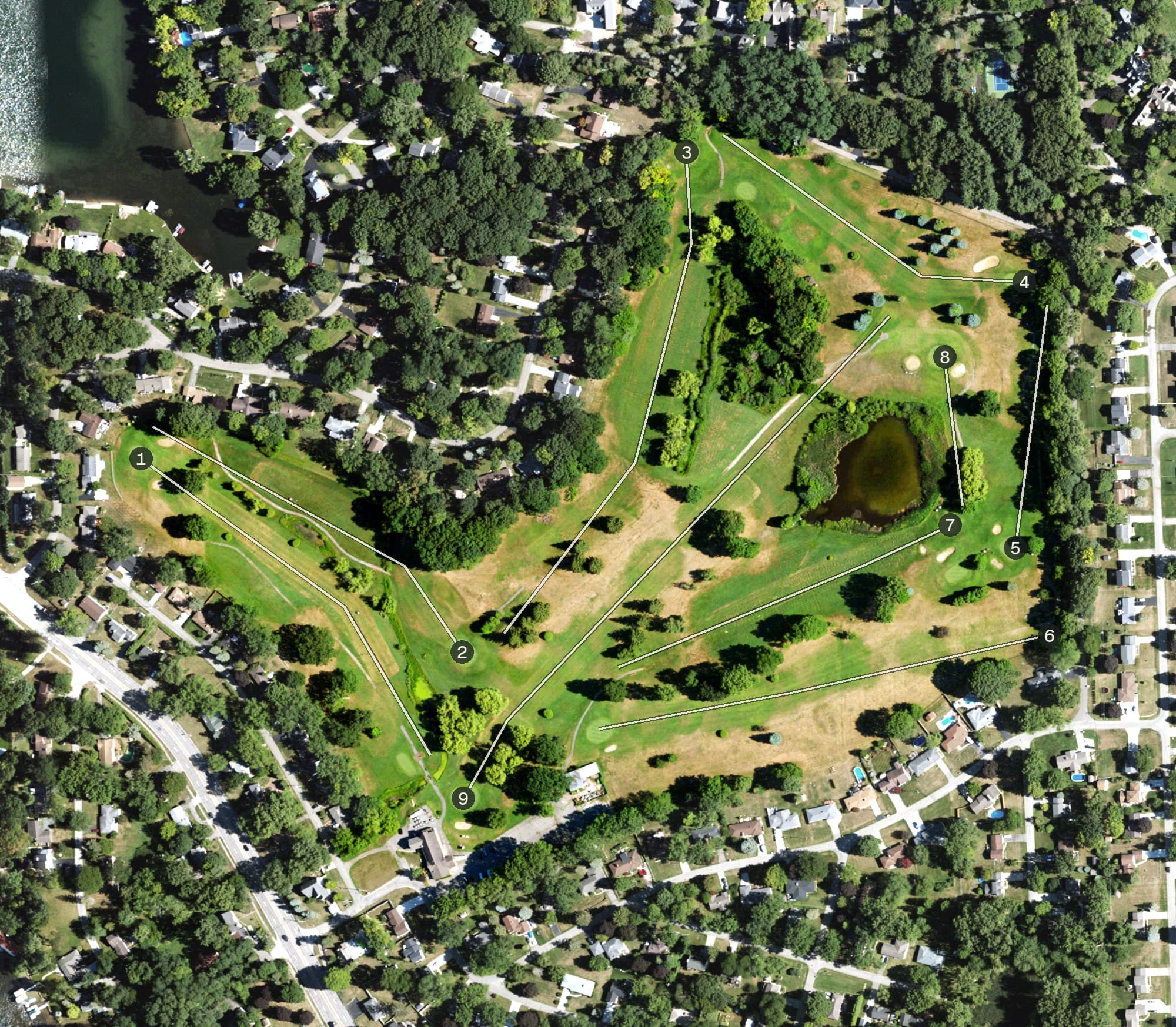Aerial view of Silver Lake Golf Course, MI, with its hole routing marked