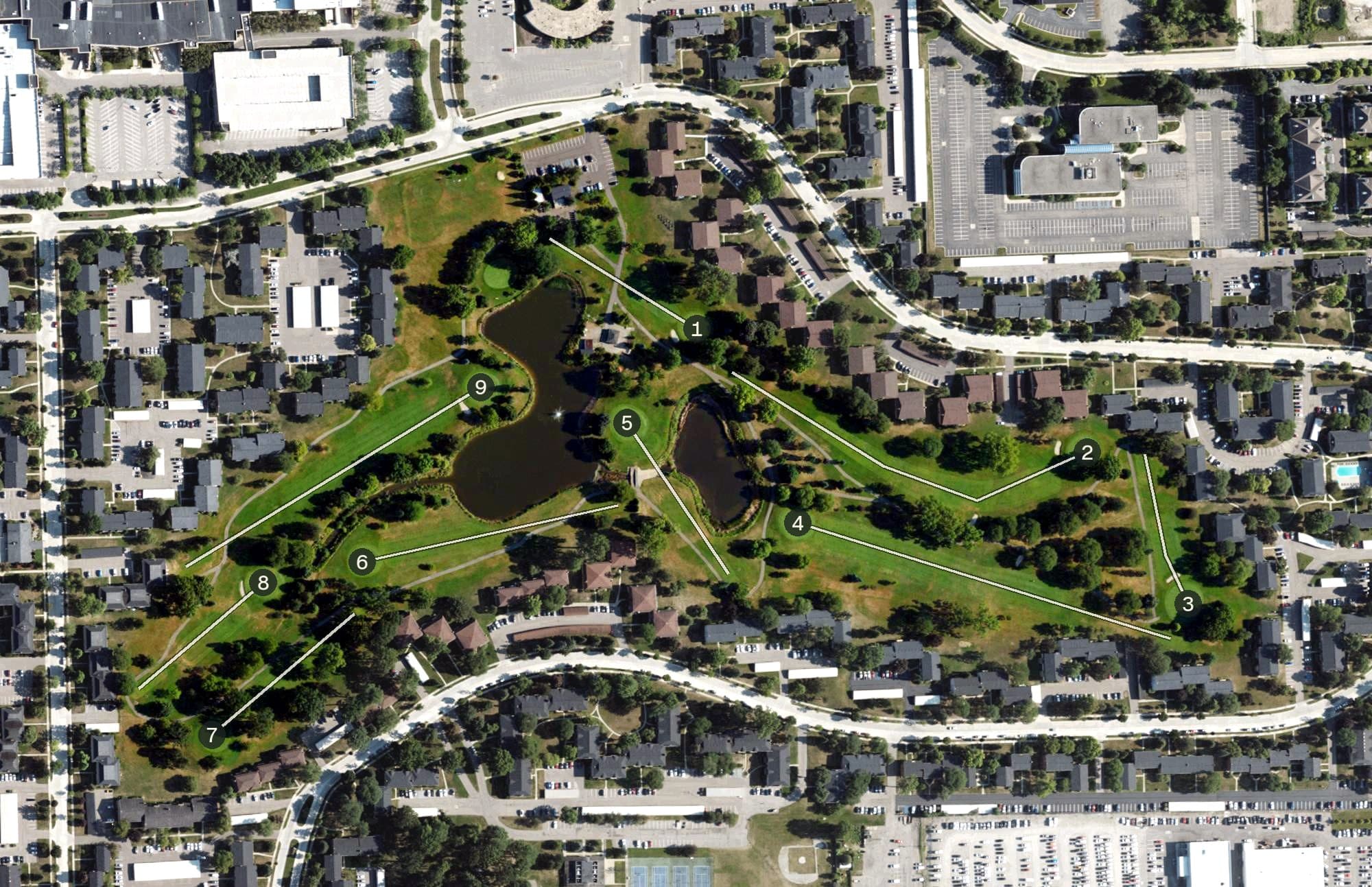 Aerial view of Somerset Golf Course, MI, with its hole routing marked