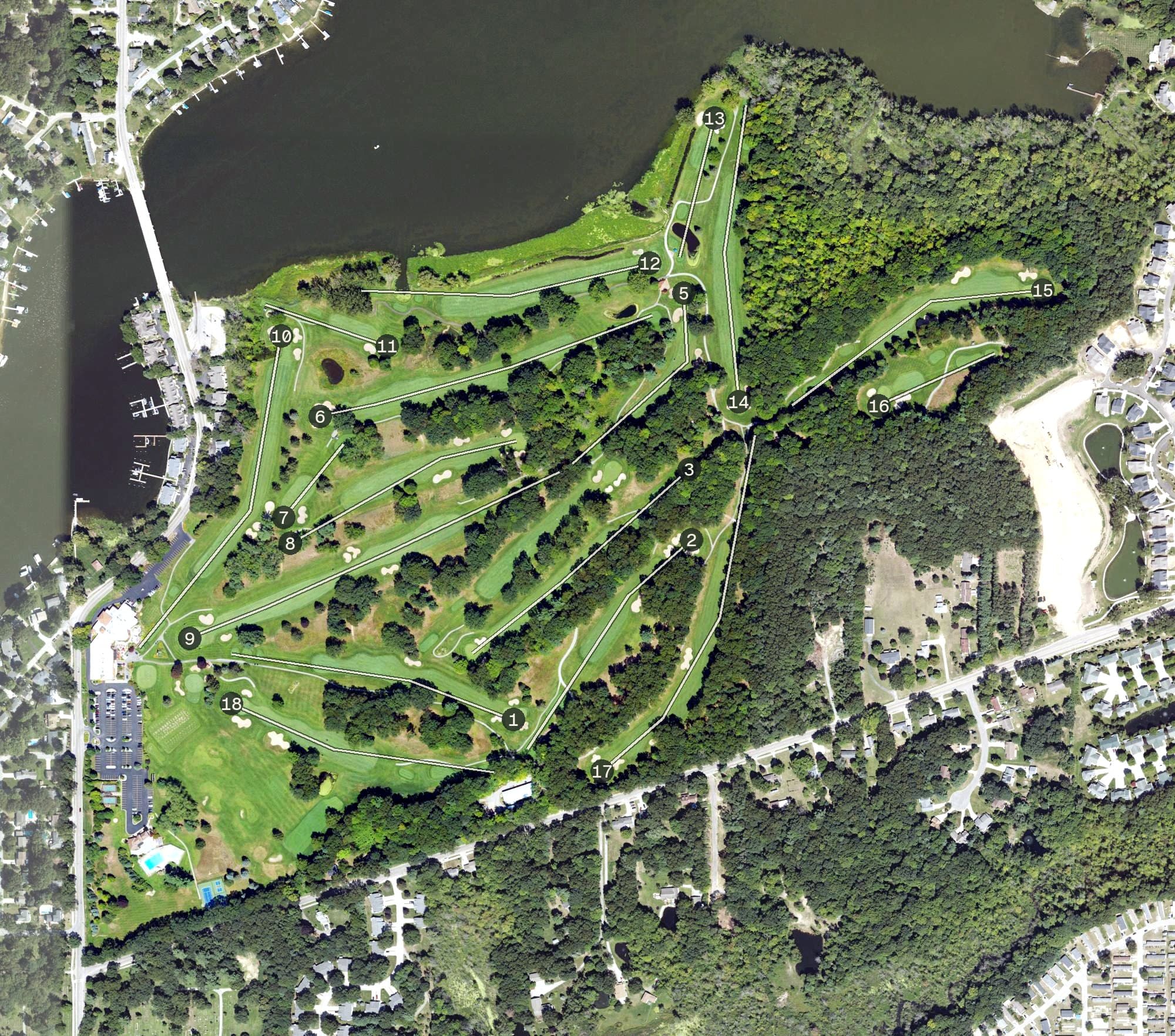 Aerial view of Spring Lake Country Club, MI, with its hole routing marked