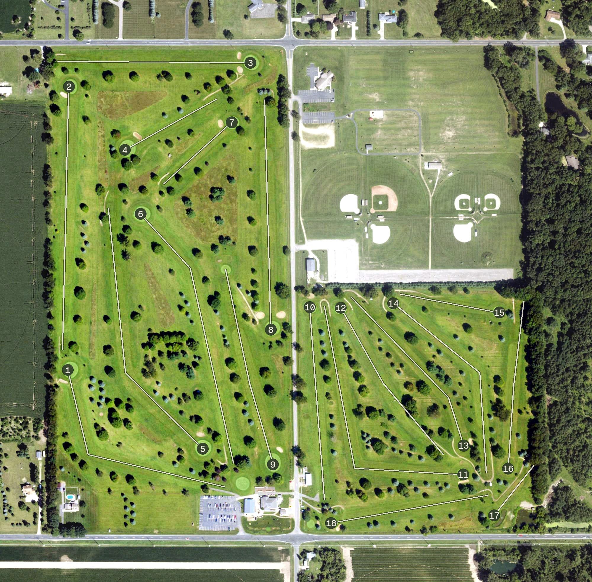 Aerial view of States Golf Club, MI, with its hole routing marked