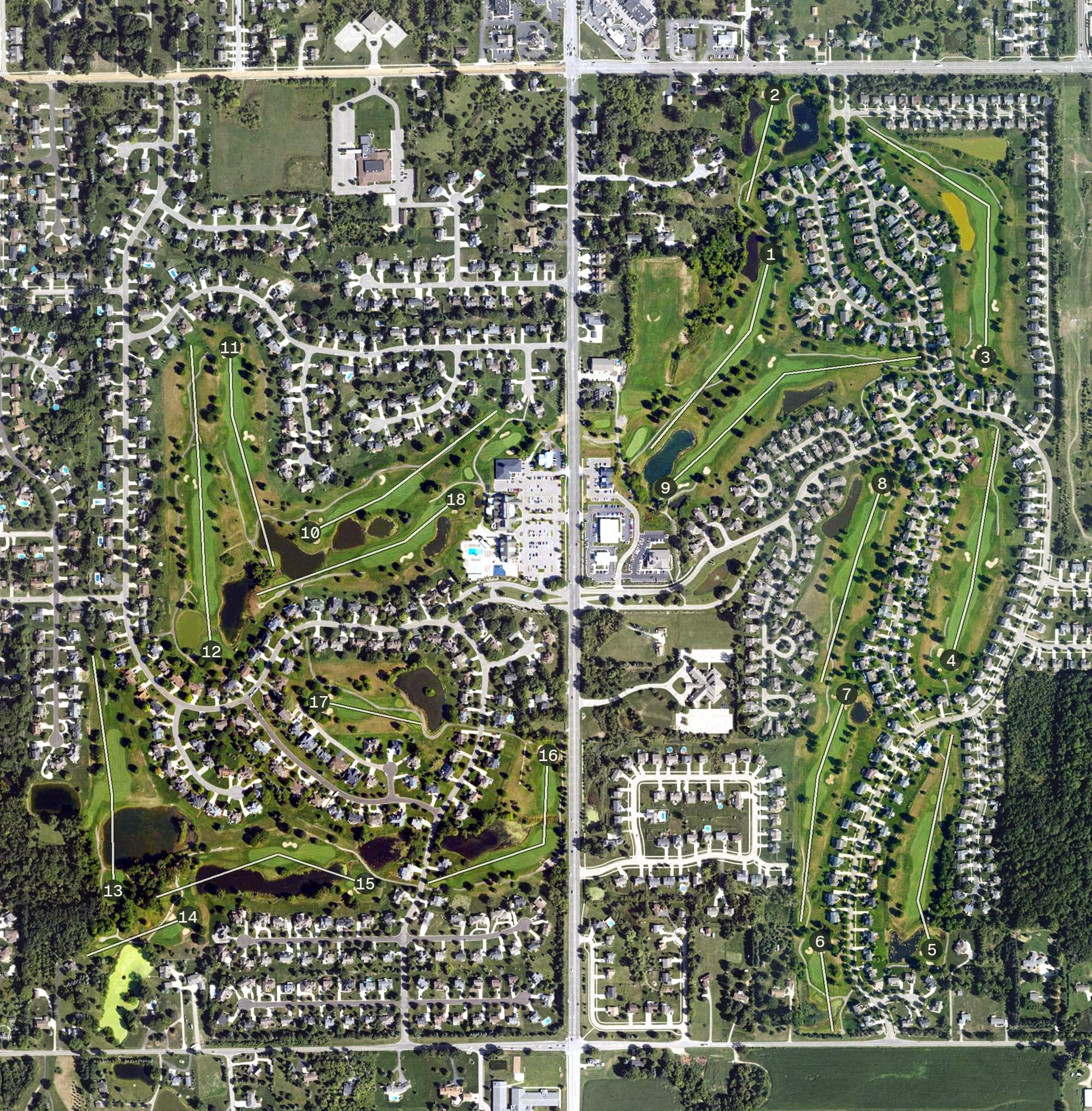 Aerial view of Stonewater Country Club, MI, with its hole routing marked
