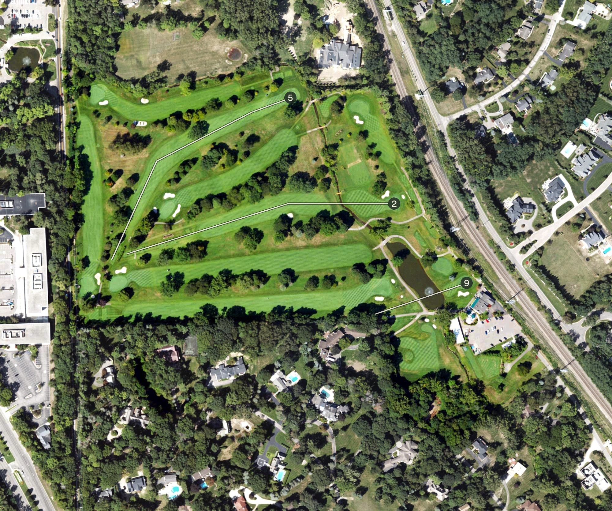 Aerial view of Stonycroft Hills Club, MI, with its hole routing marked