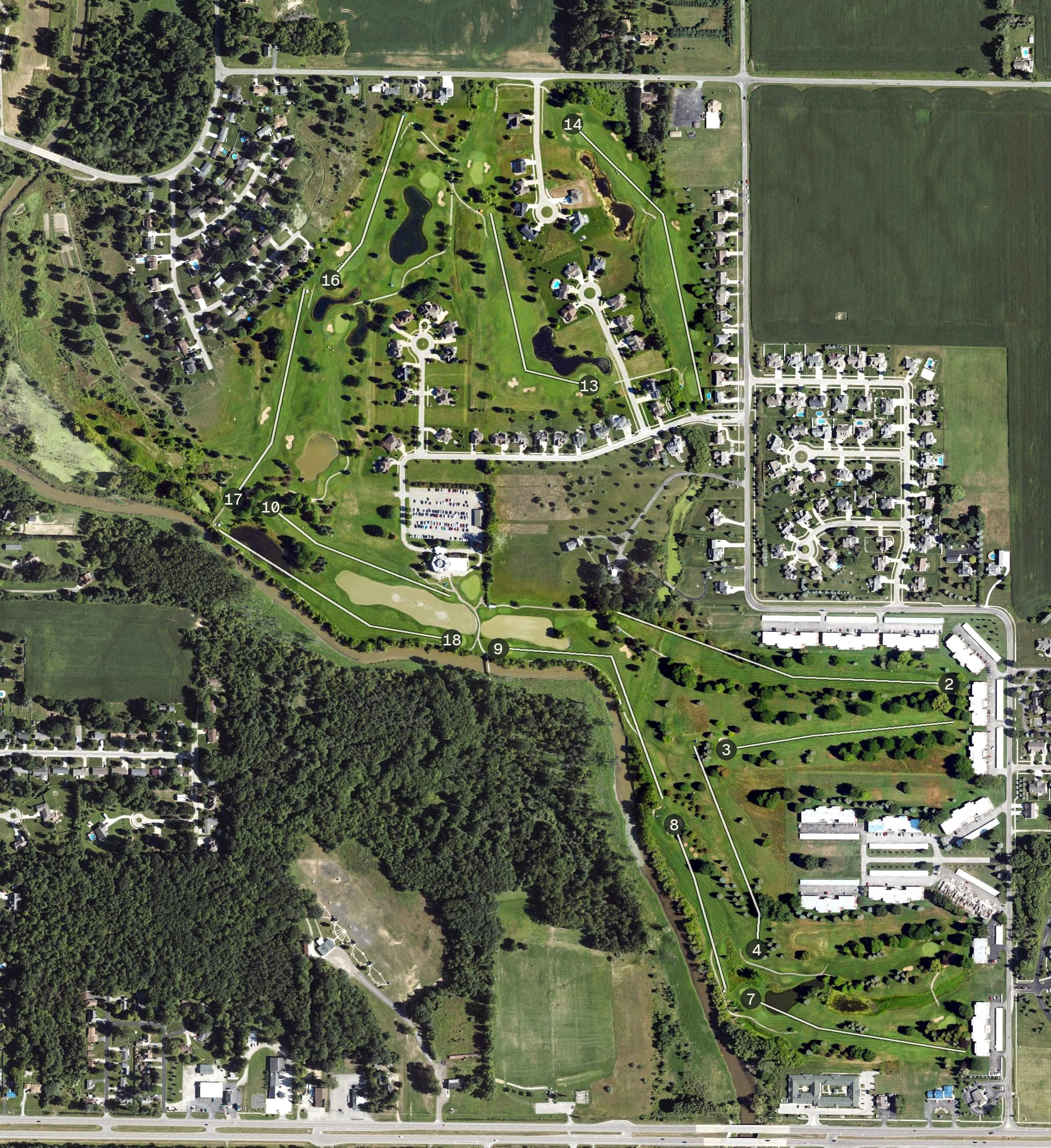 Aerial view of Swan Valley Golf Course, MI, with its hole routing marked