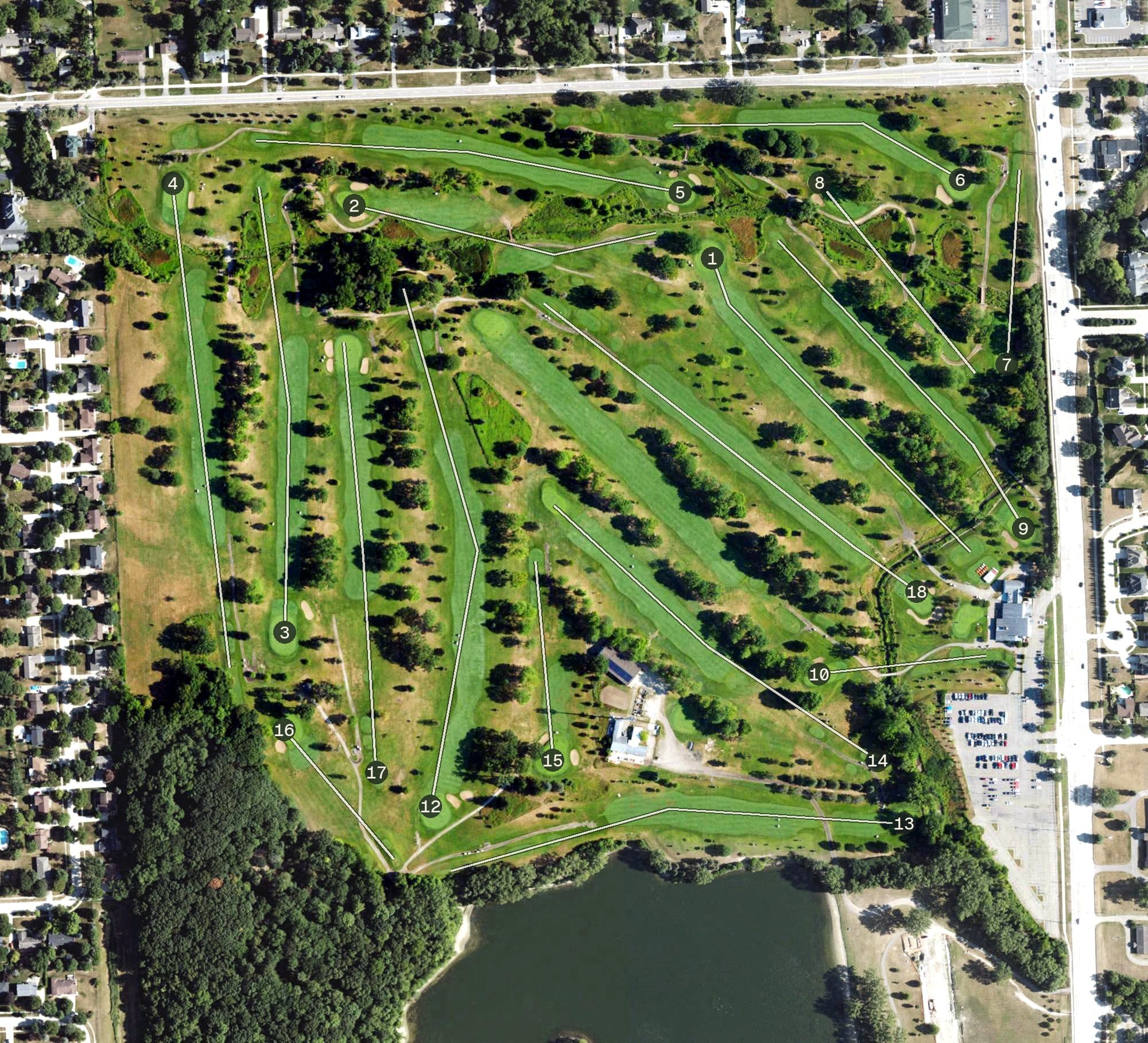 Aerial view of Sylvan Glen Golf Course, MI, with its hole routing marked