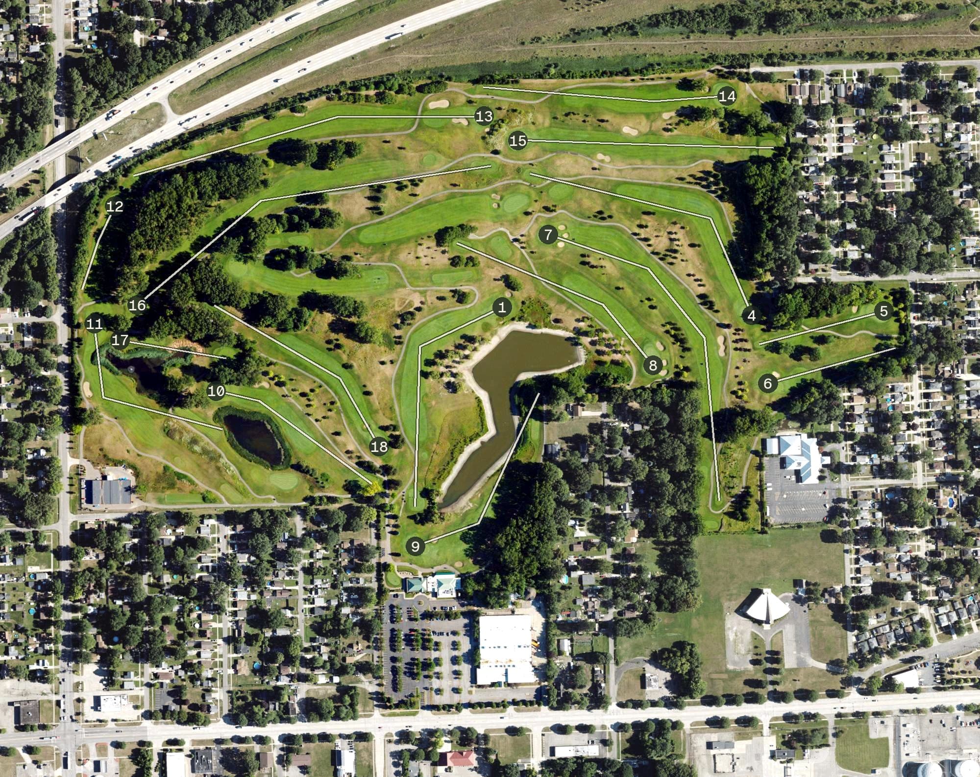 Aerial view of Taylor Meadows Golf Course, MI, with its hole routing marked