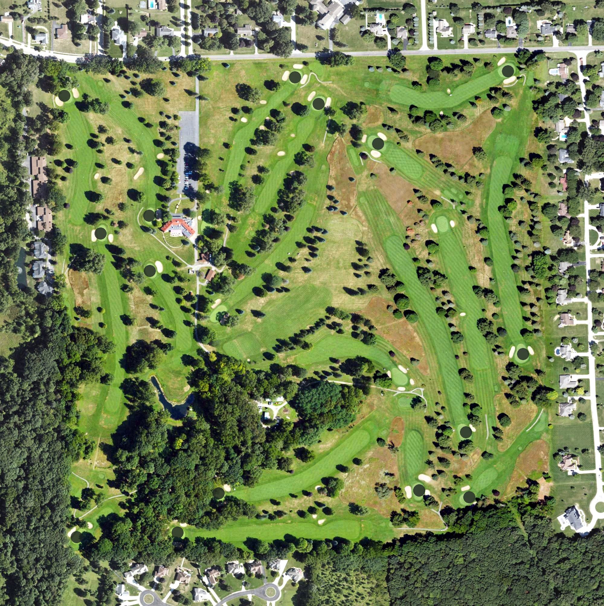 Aerial view of Tecumseh Golf Club, MI, with its hole routing marked
