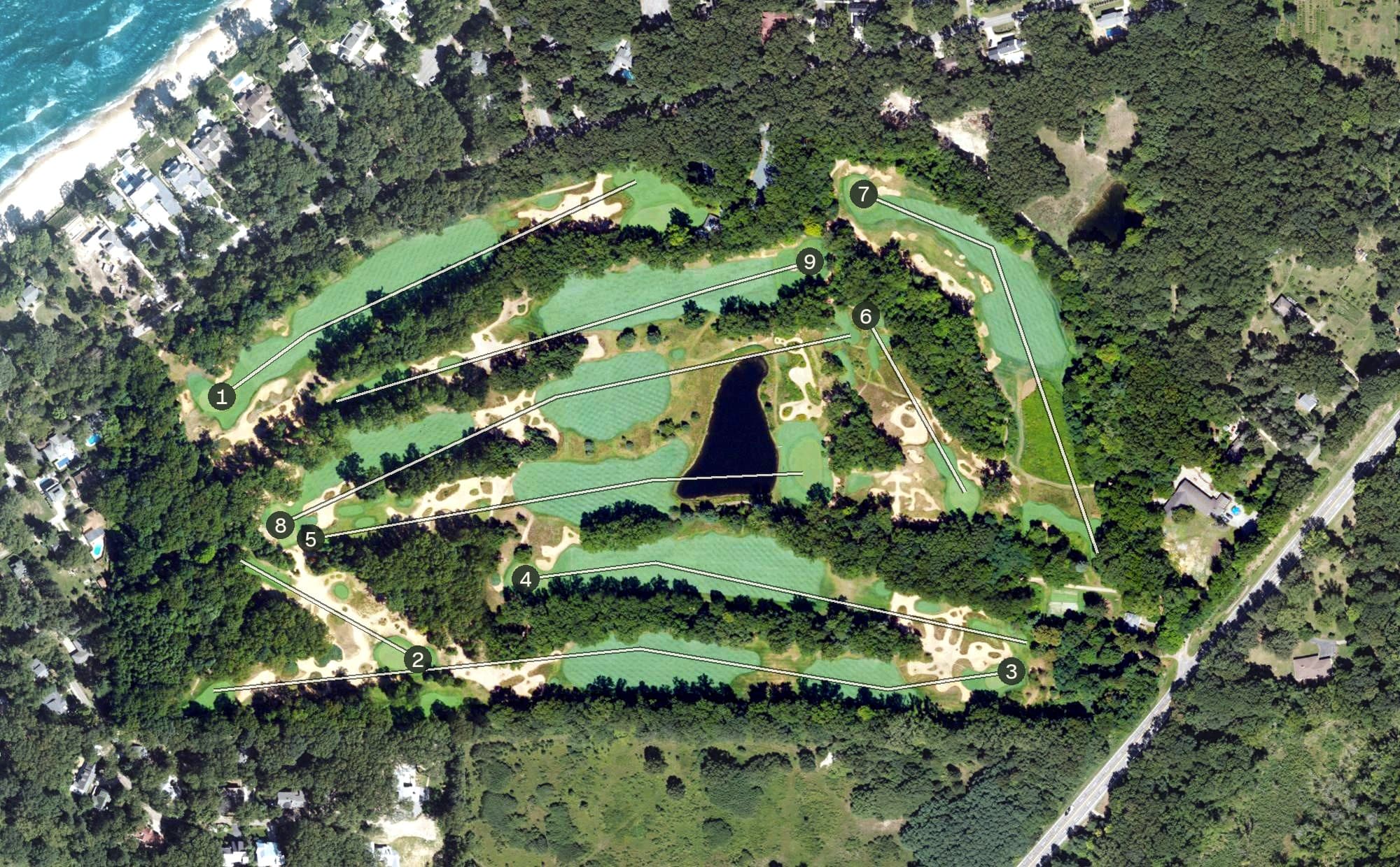Aerial view of The Dunes Club, MI, with its hole routing marked