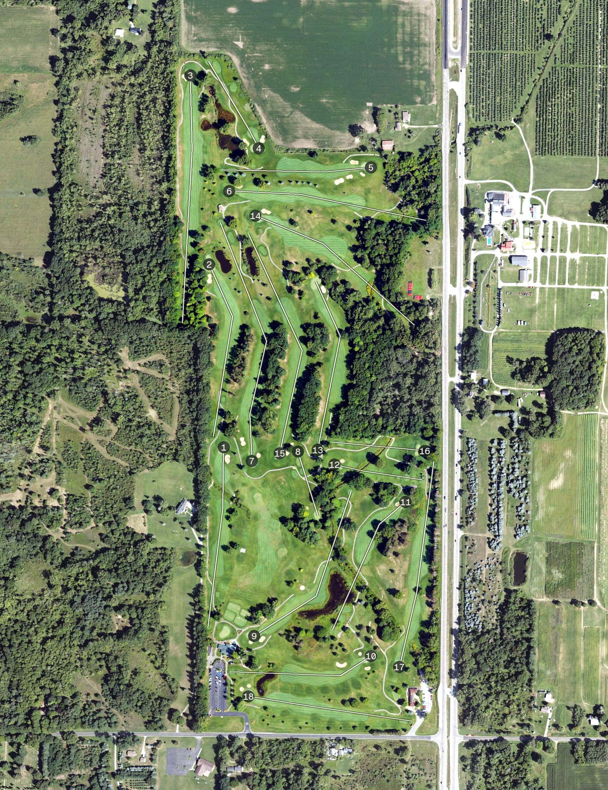 Aerial view of The Emerald Golf Course, MI, with its hole routing marked