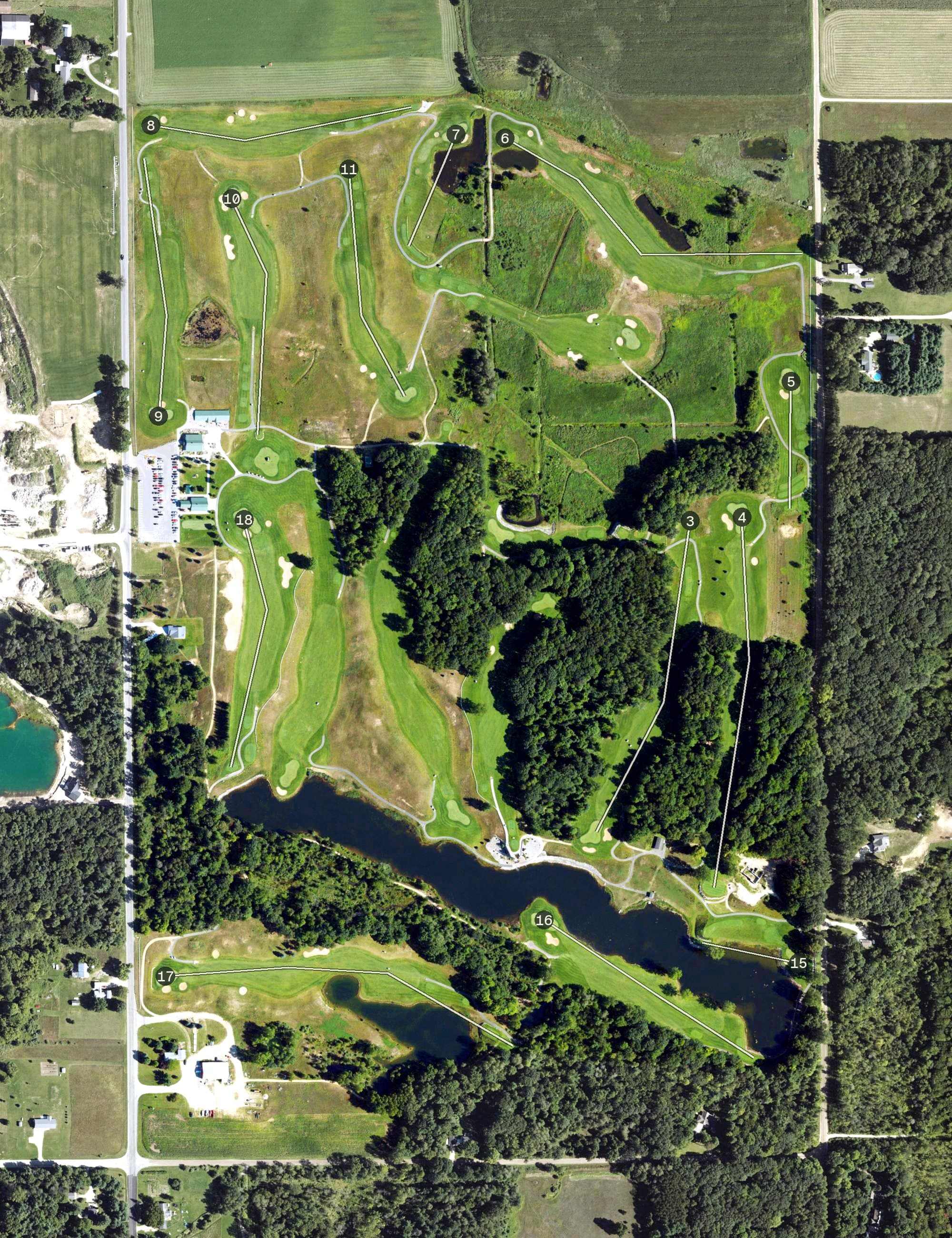 Aerial view of The Falls at Barber Creek, MI, with its hole routing marked