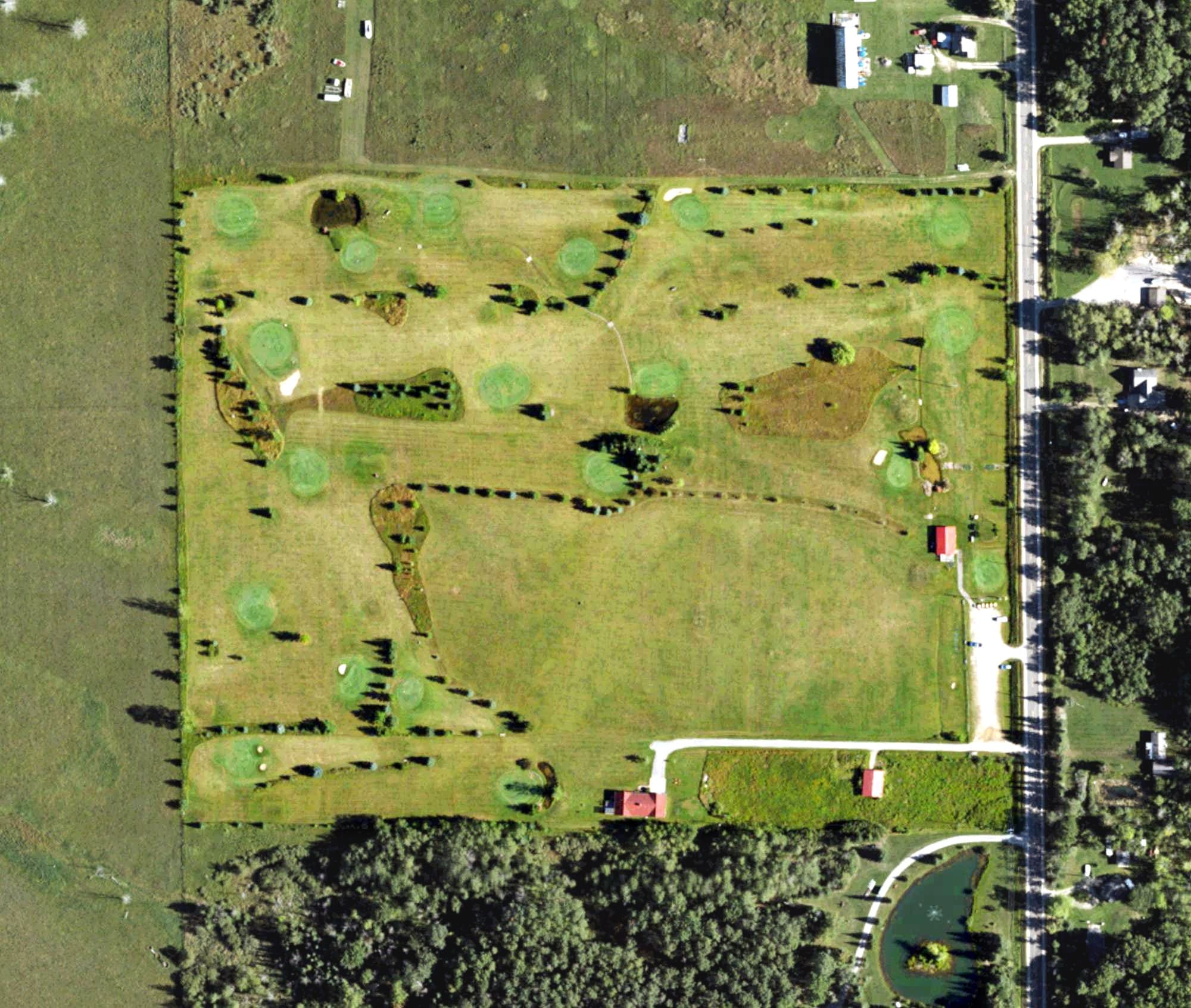 Aerial view of The Fox Golf Club, MI, with its hole routing marked