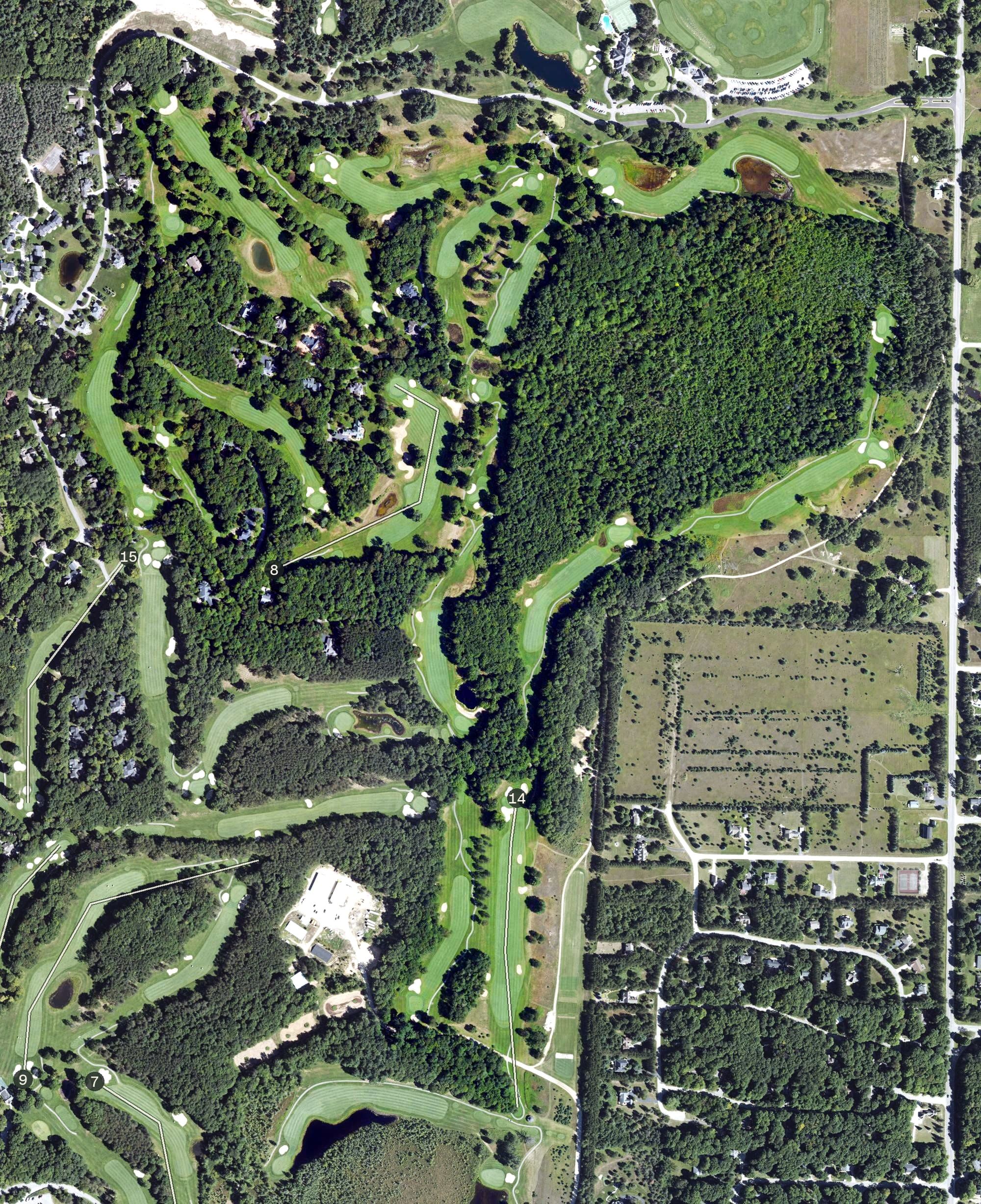 Aerial view of The Highlands - Moor Course, MI, with its hole routing marked