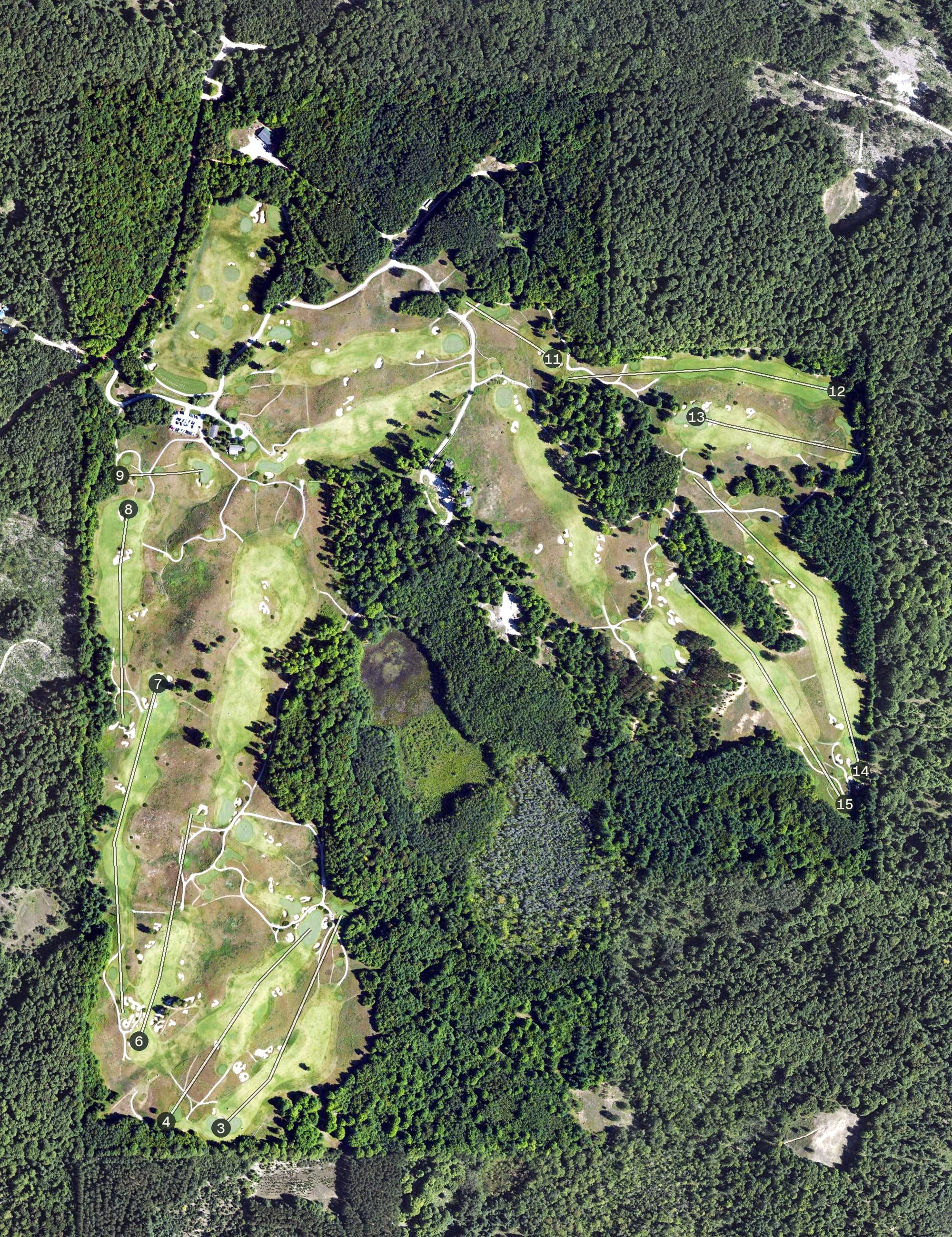 Aerial view of The Kingsley Club, MI, with its hole routing marked