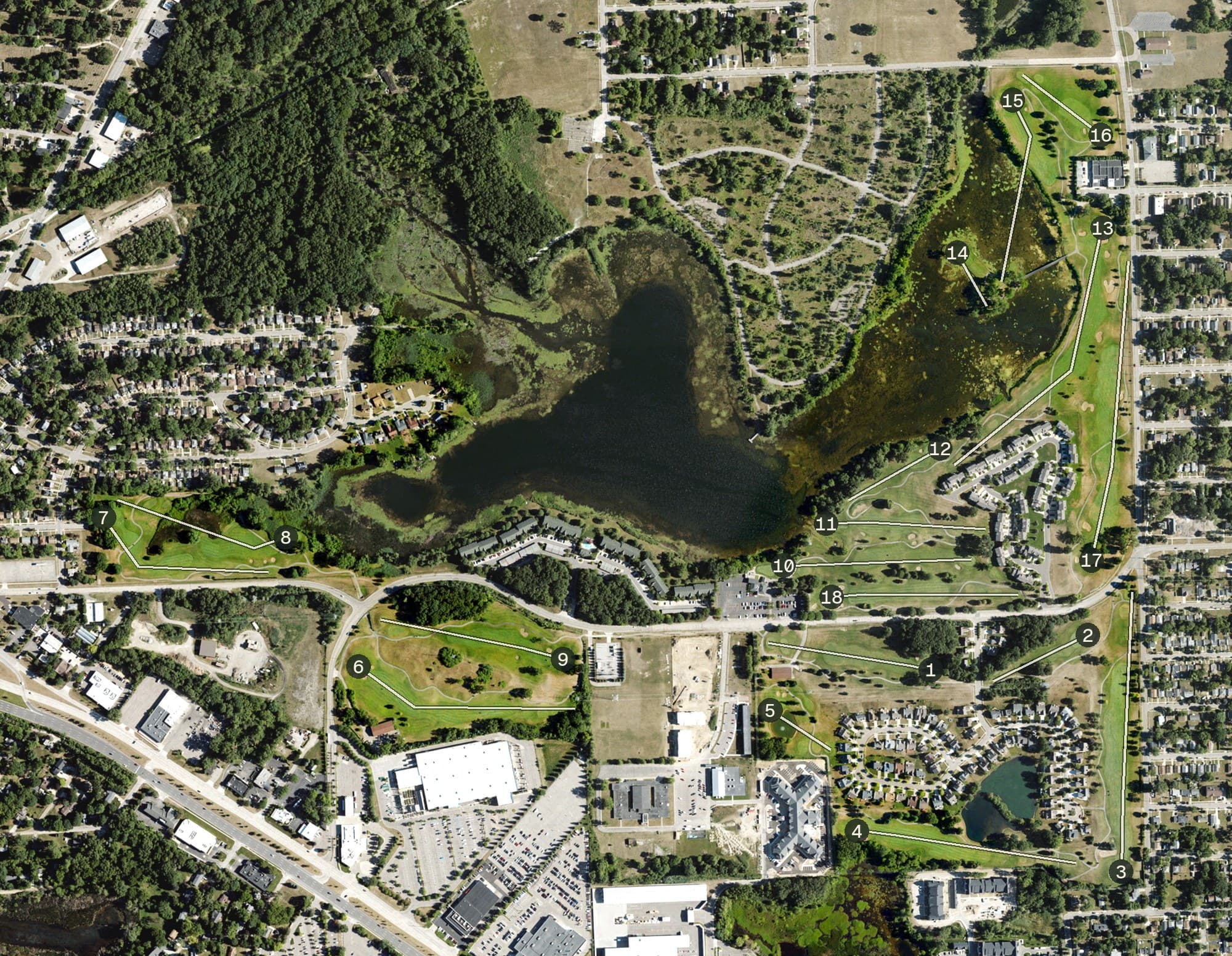 Aerial view of The Links at Crystal Lake, MI, with its hole routing marked