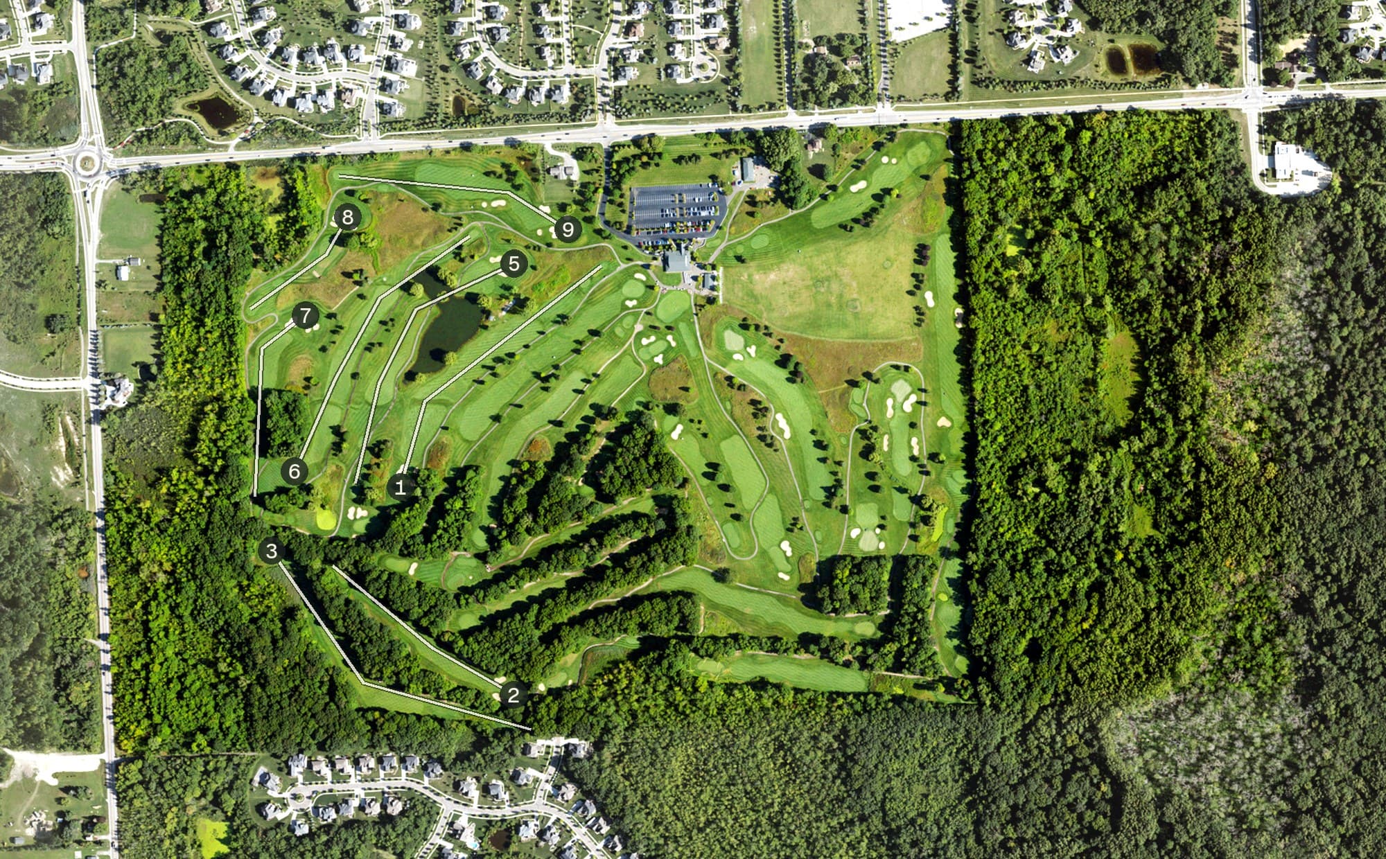 Aerial view of The Links of Novi, MI, with its hole routing marked