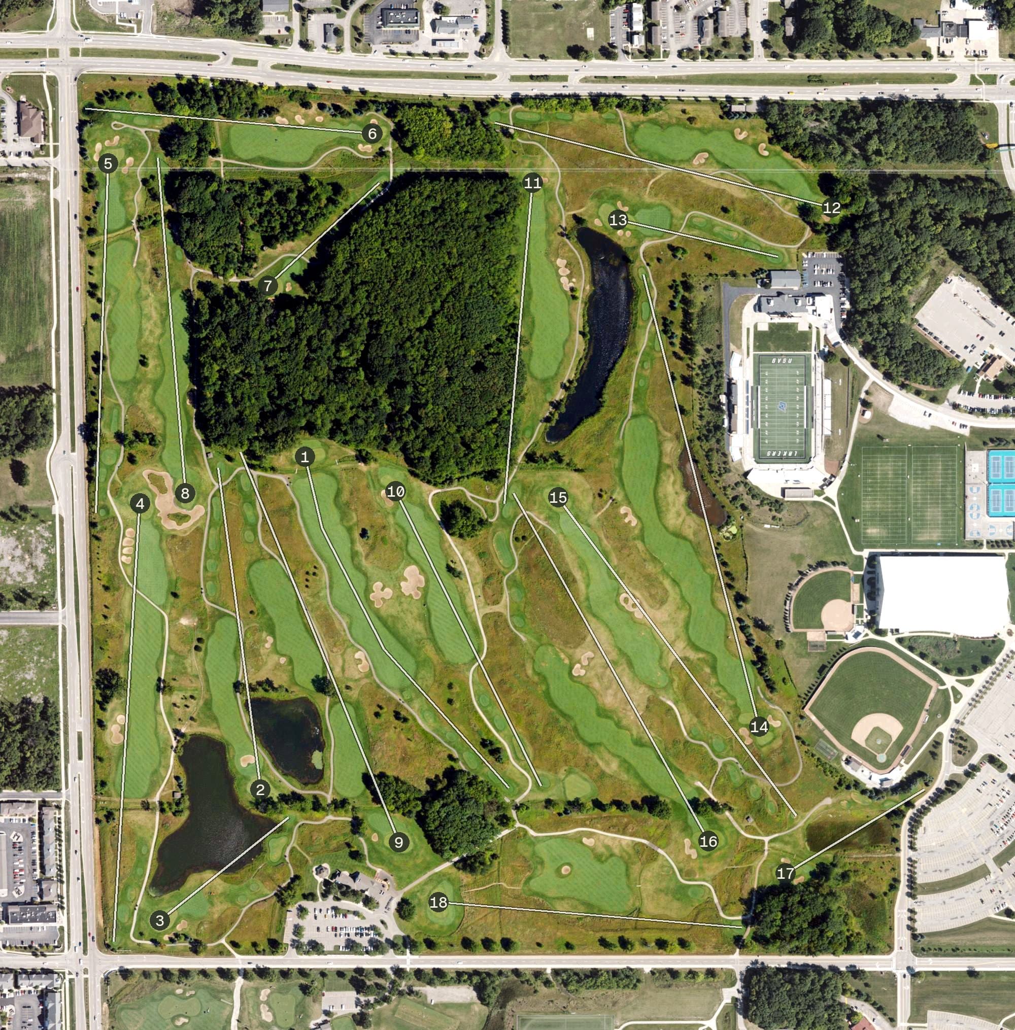 Aerial view of The Meadows at Grand Valley State University, MI, with its hole routing marked