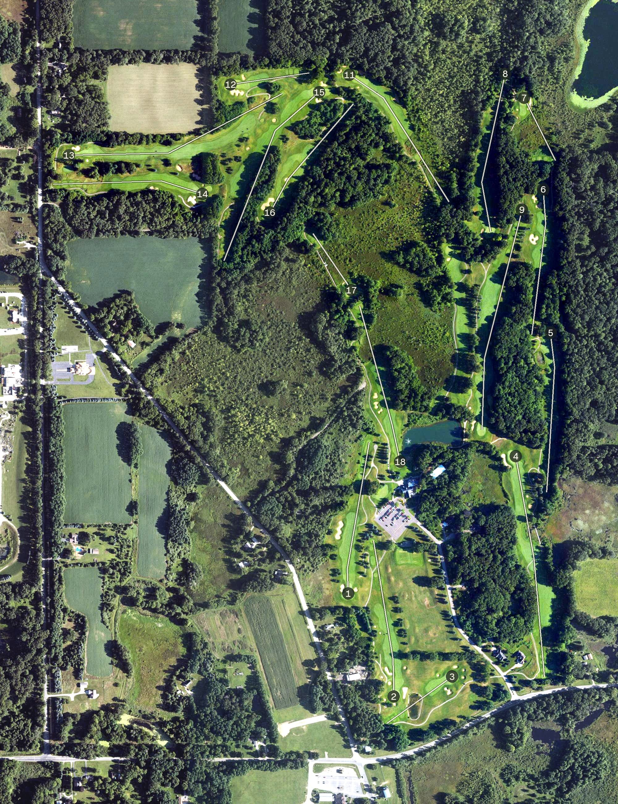 Aerial view of The Medalist Golf Club, MI, with its hole routing marked