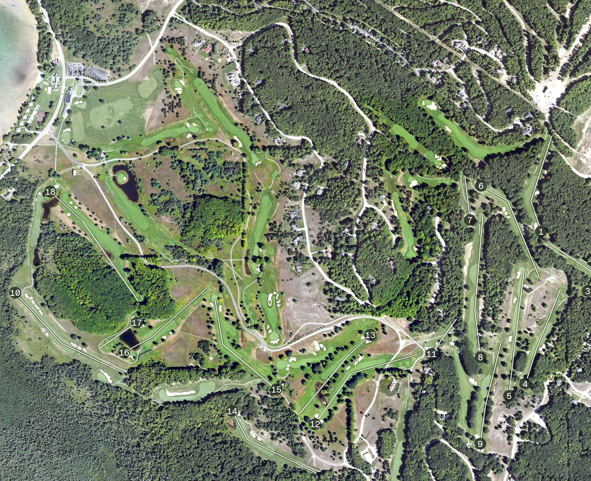 Aerial view of The Monument, MI, with its hole routing marked