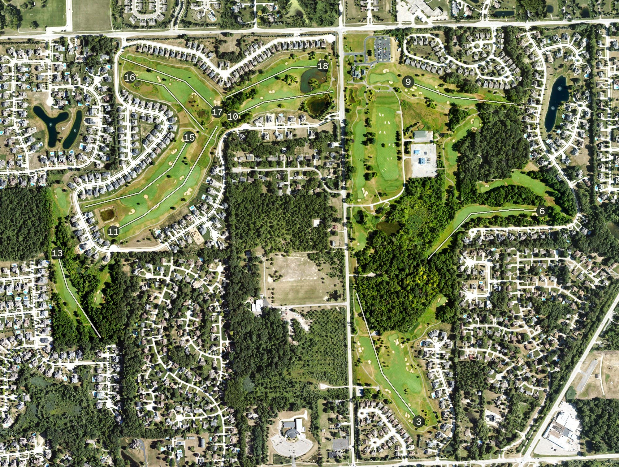 Aerial view of The Orchards Golf Club, MI, with its hole routing marked