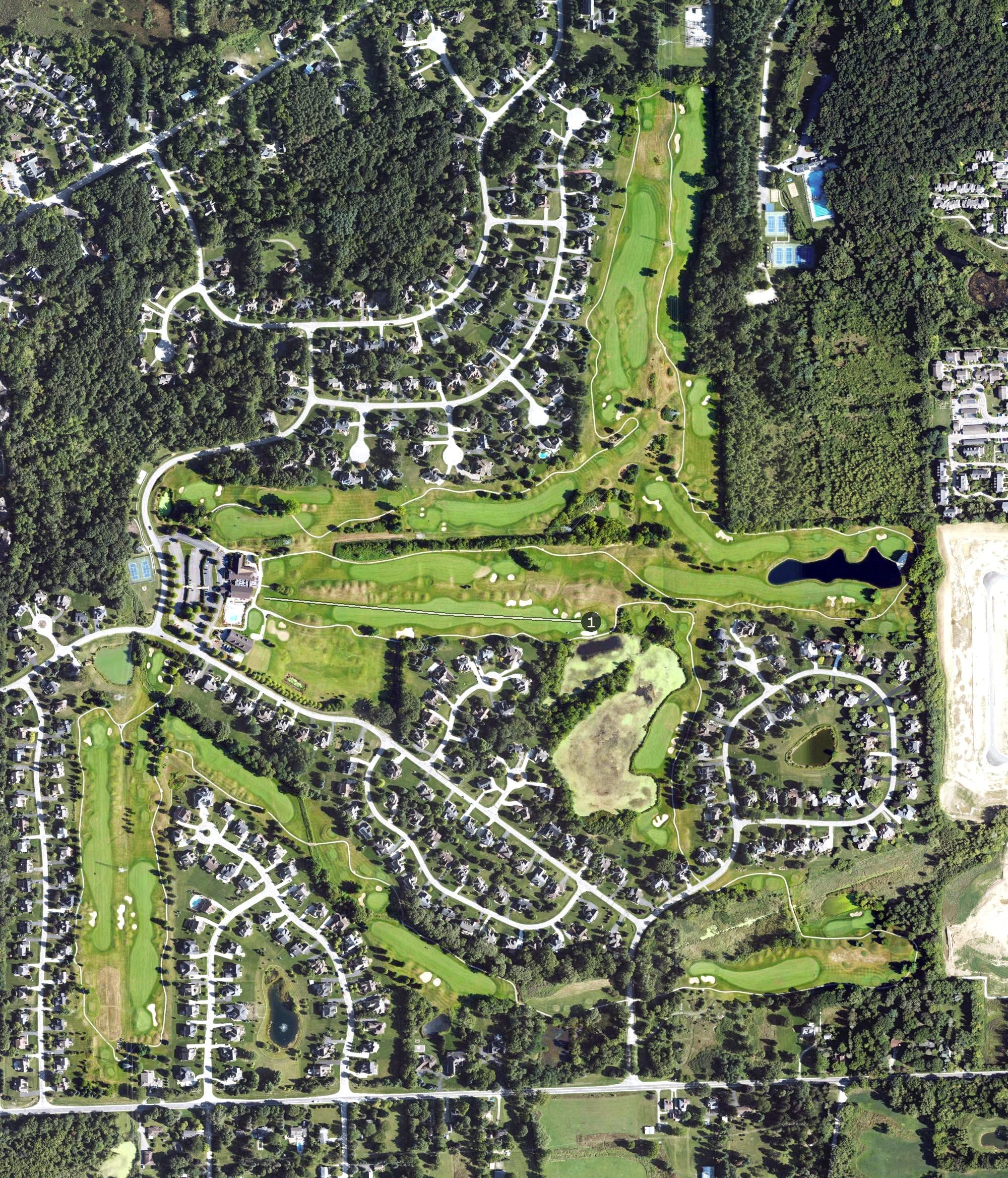 Aerial view of The Polo Fields - Ann Arbor, MI, with its hole routing marked