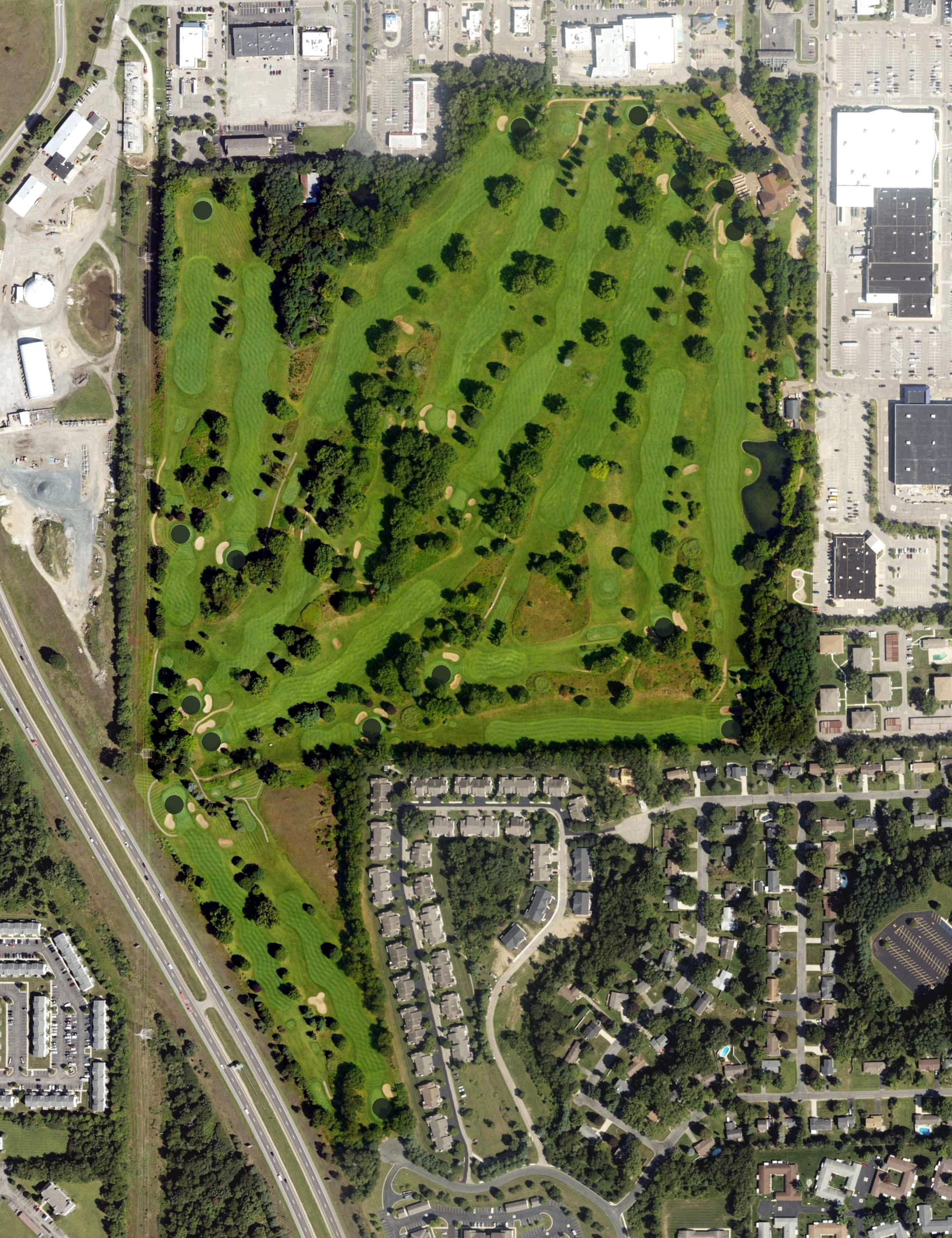 Aerial view of The Prairies Golf Club, MI, with its hole routing marked