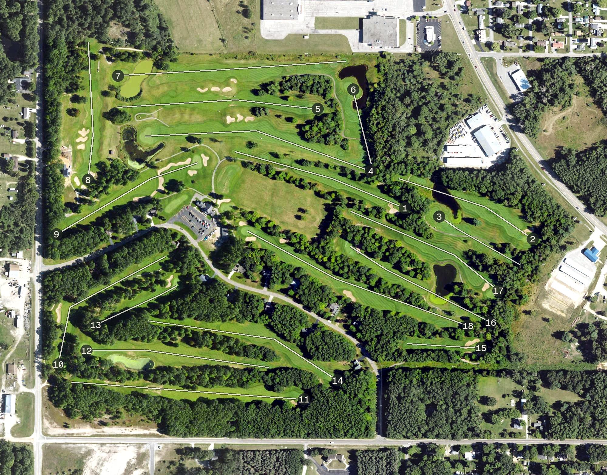 Aerial view of The Quest Golf Club, MI, with its hole routing marked