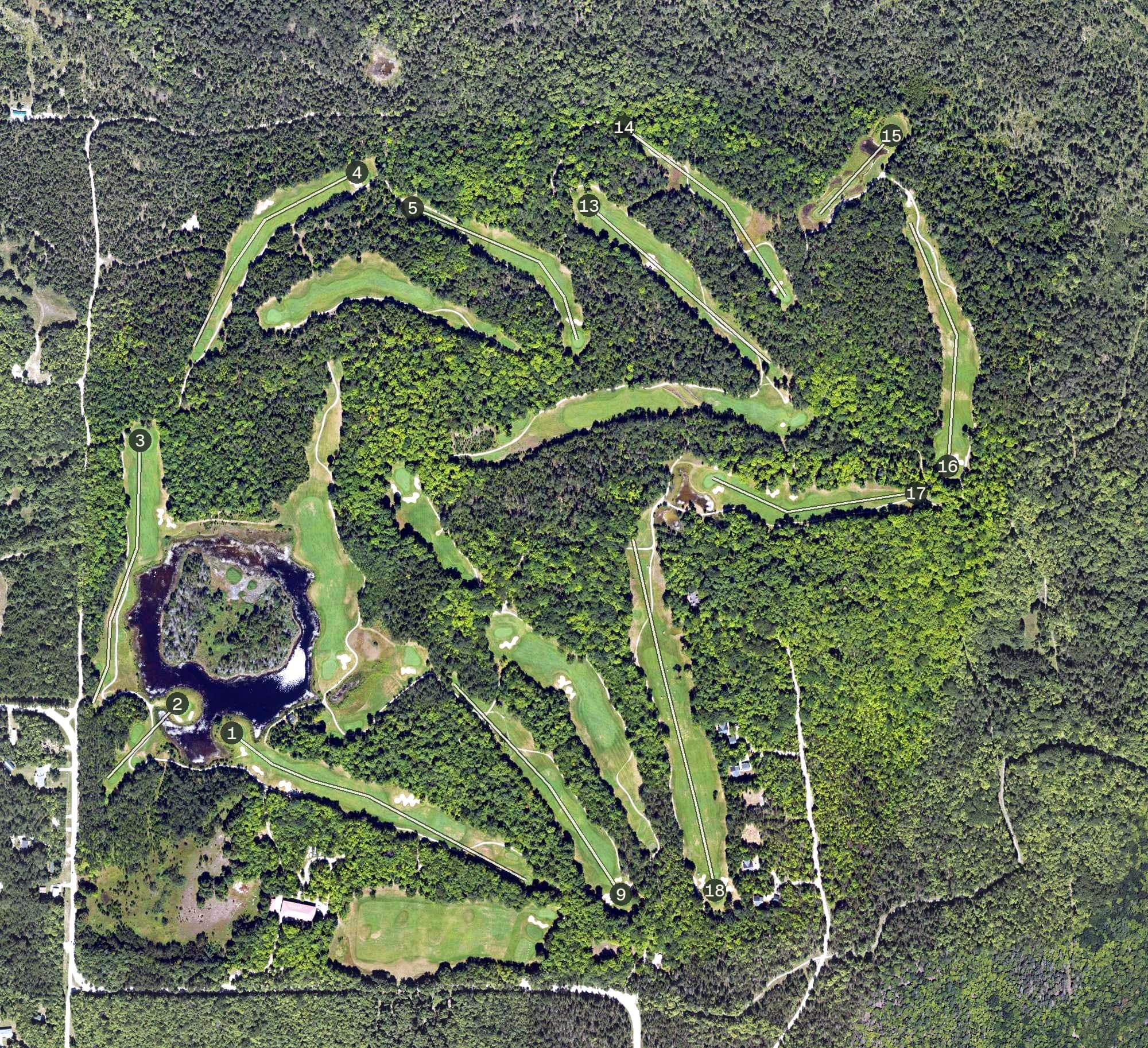 Aerial view of The Rock Golf Course, MI, with its hole routing marked