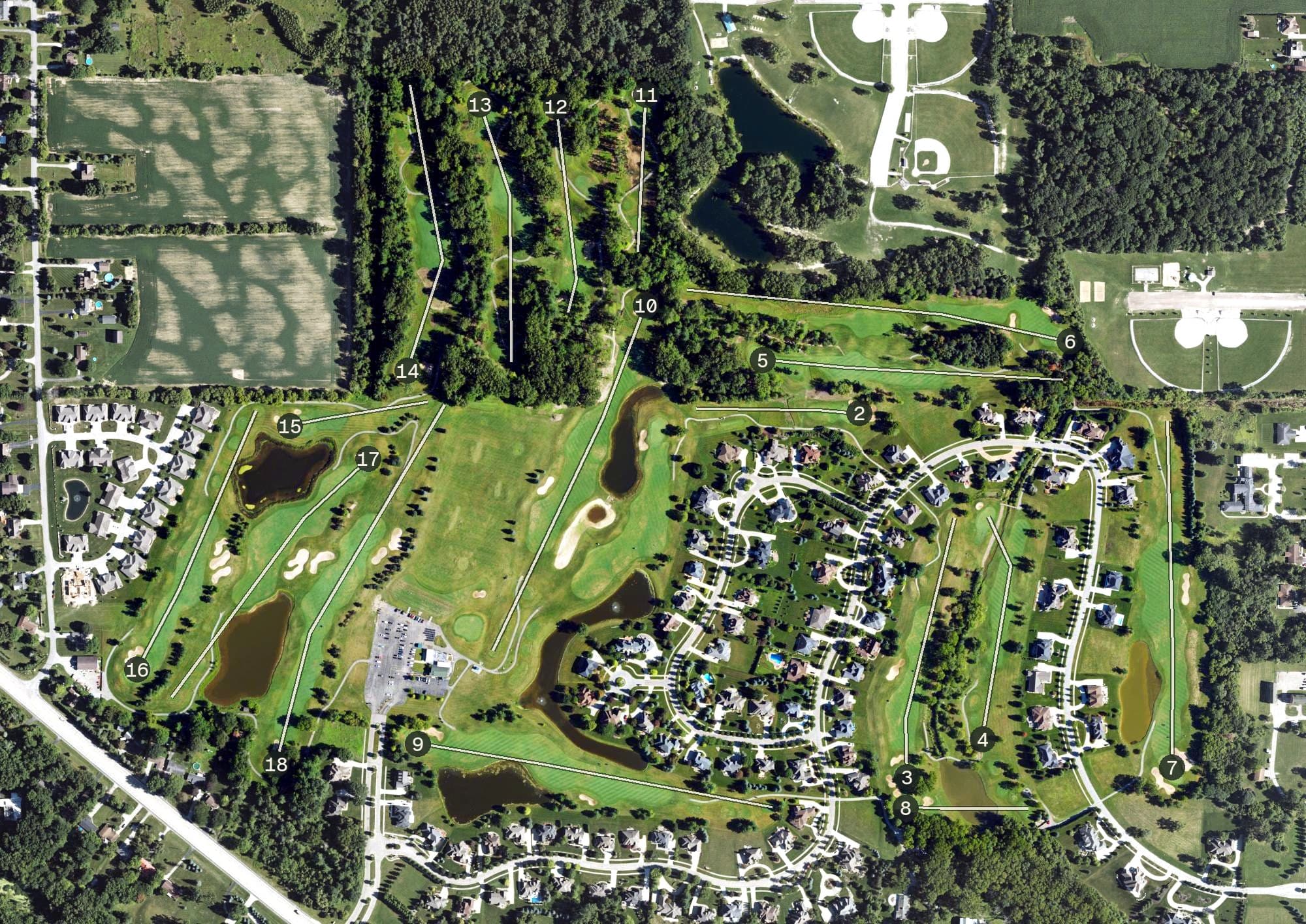 Aerial view of The Sawmill Golf Club, MI, with its hole routing marked