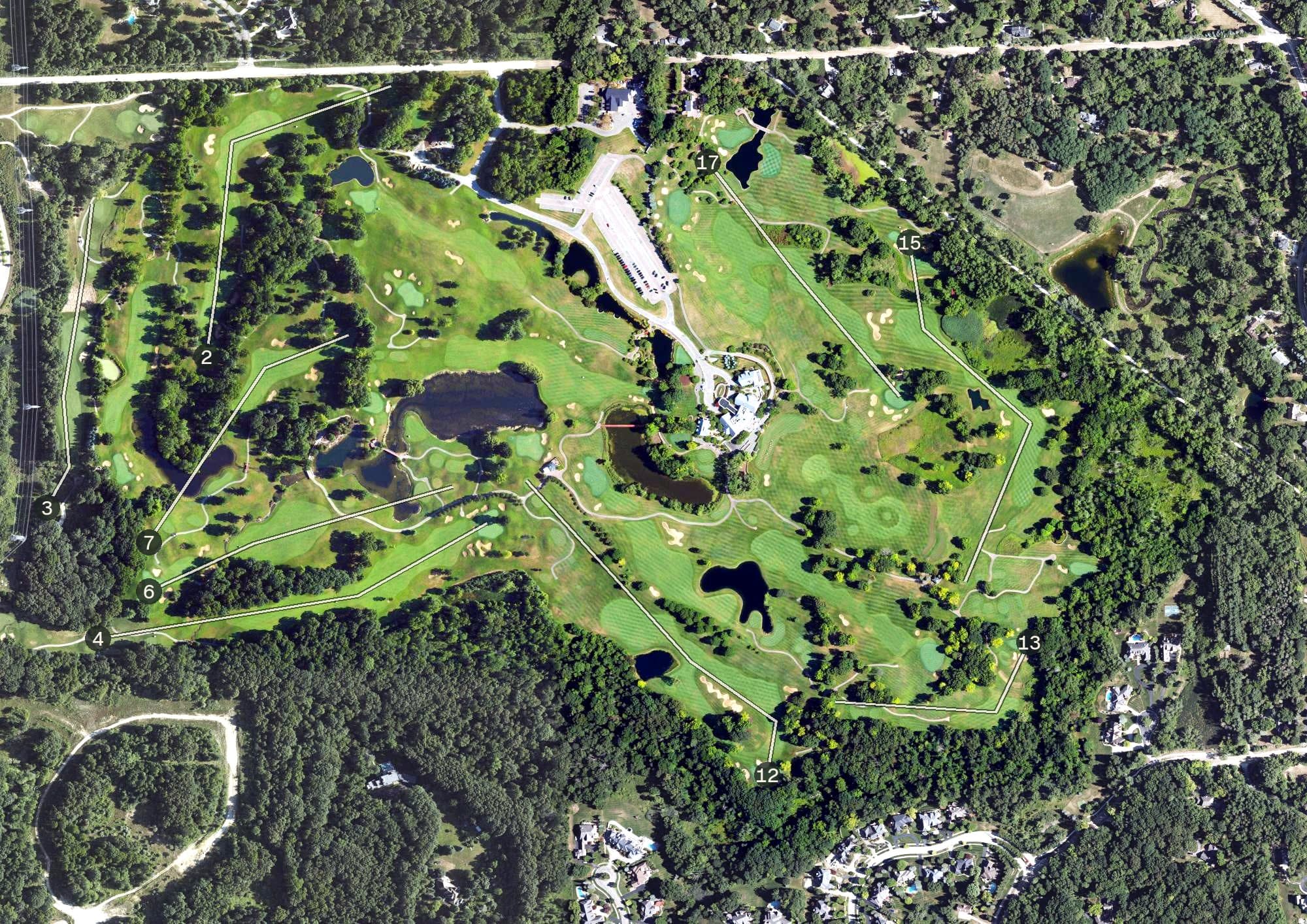 Aerial view of The Wyndgate, MI, with its hole routing marked