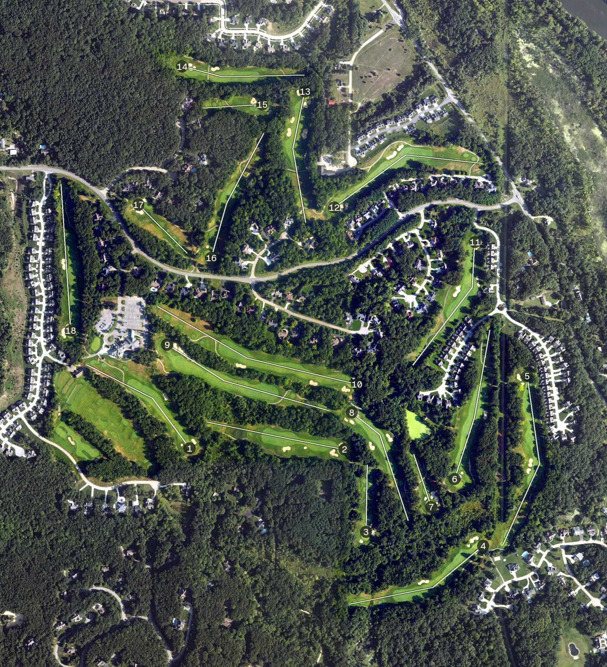 Aerial view of Thousand Oaks Golf Club, MI, with its hole routing marked