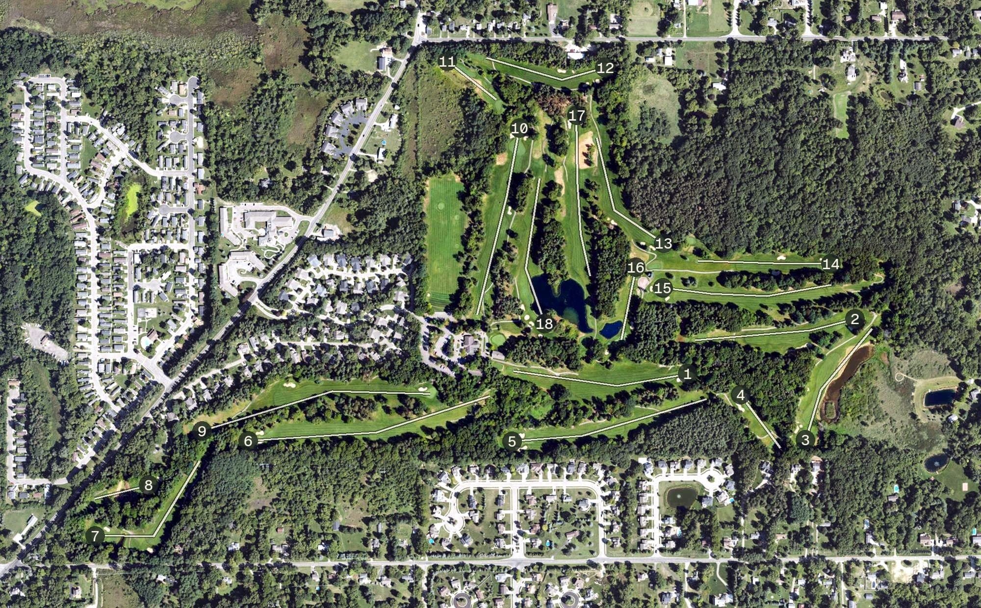 Aerial view of Timber Ridge Golf Club, MI, with its hole routing marked