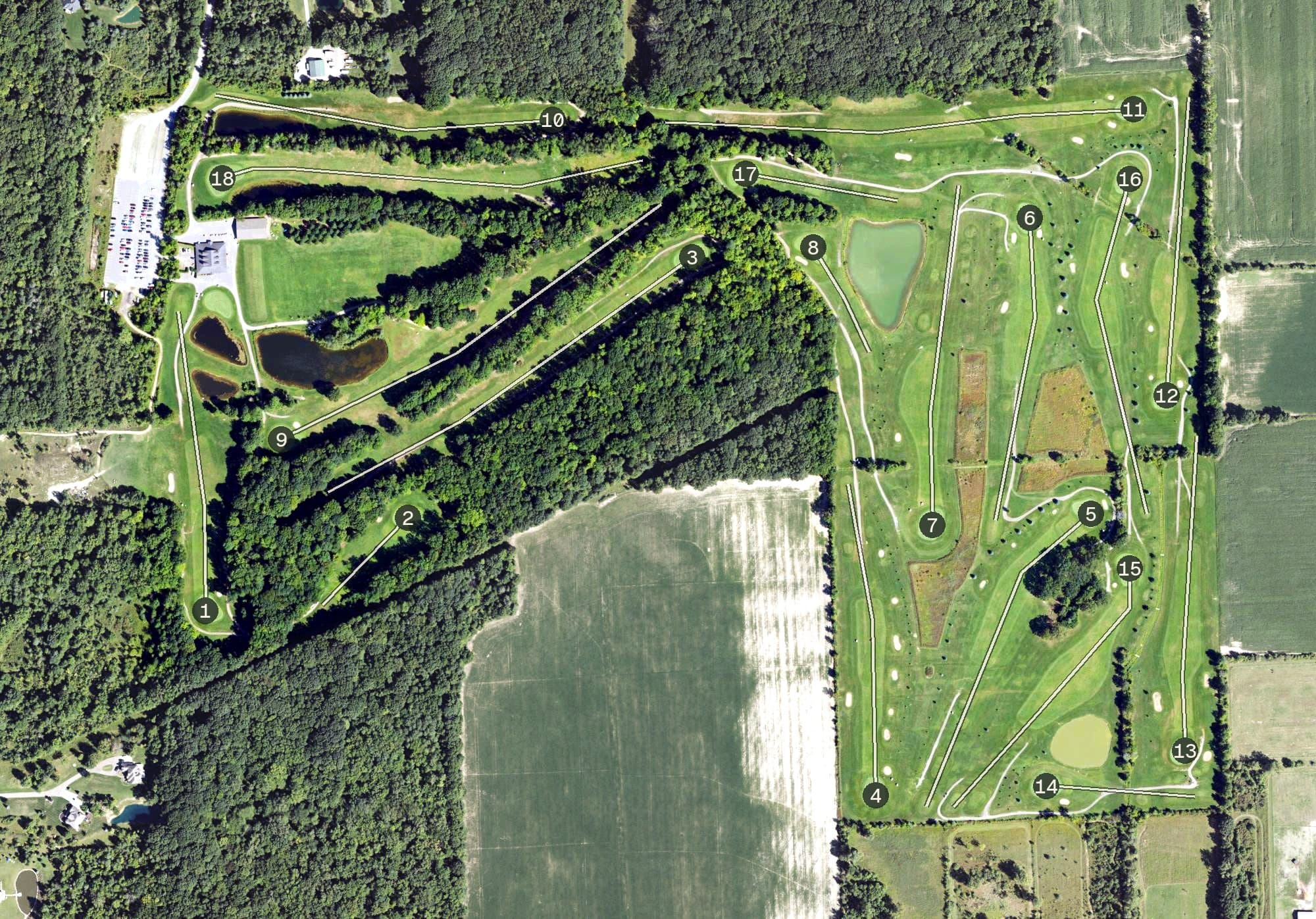 Aerial view of Timberwood Golf Club, MI, with its hole routing marked