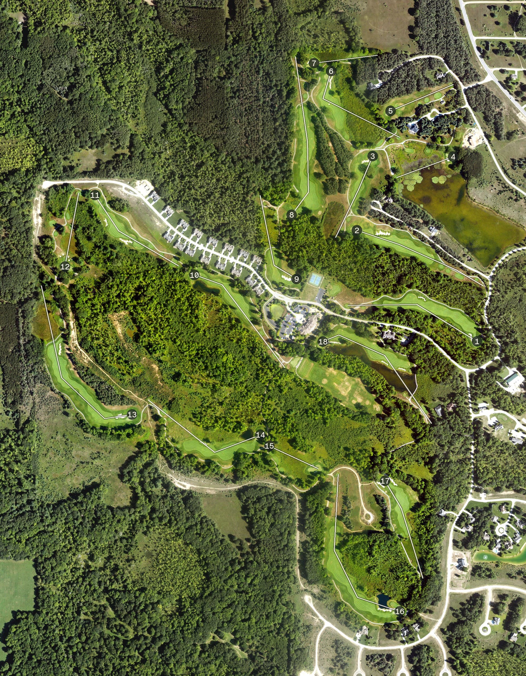 Aerial view of Tullymore, MI, with its hole routing marked