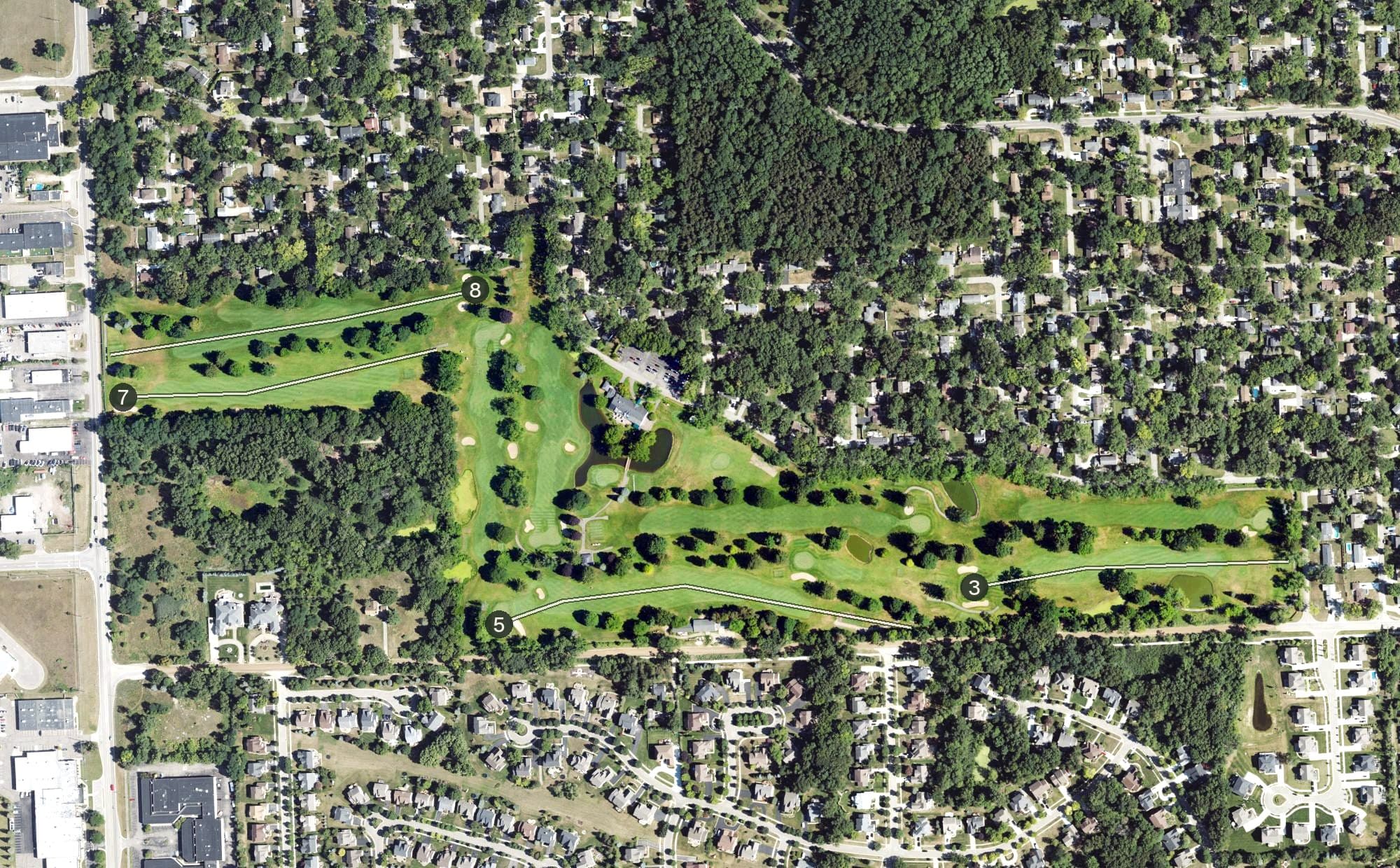 Aerial view of Twin Beach Country Club, MI, with its hole routing marked