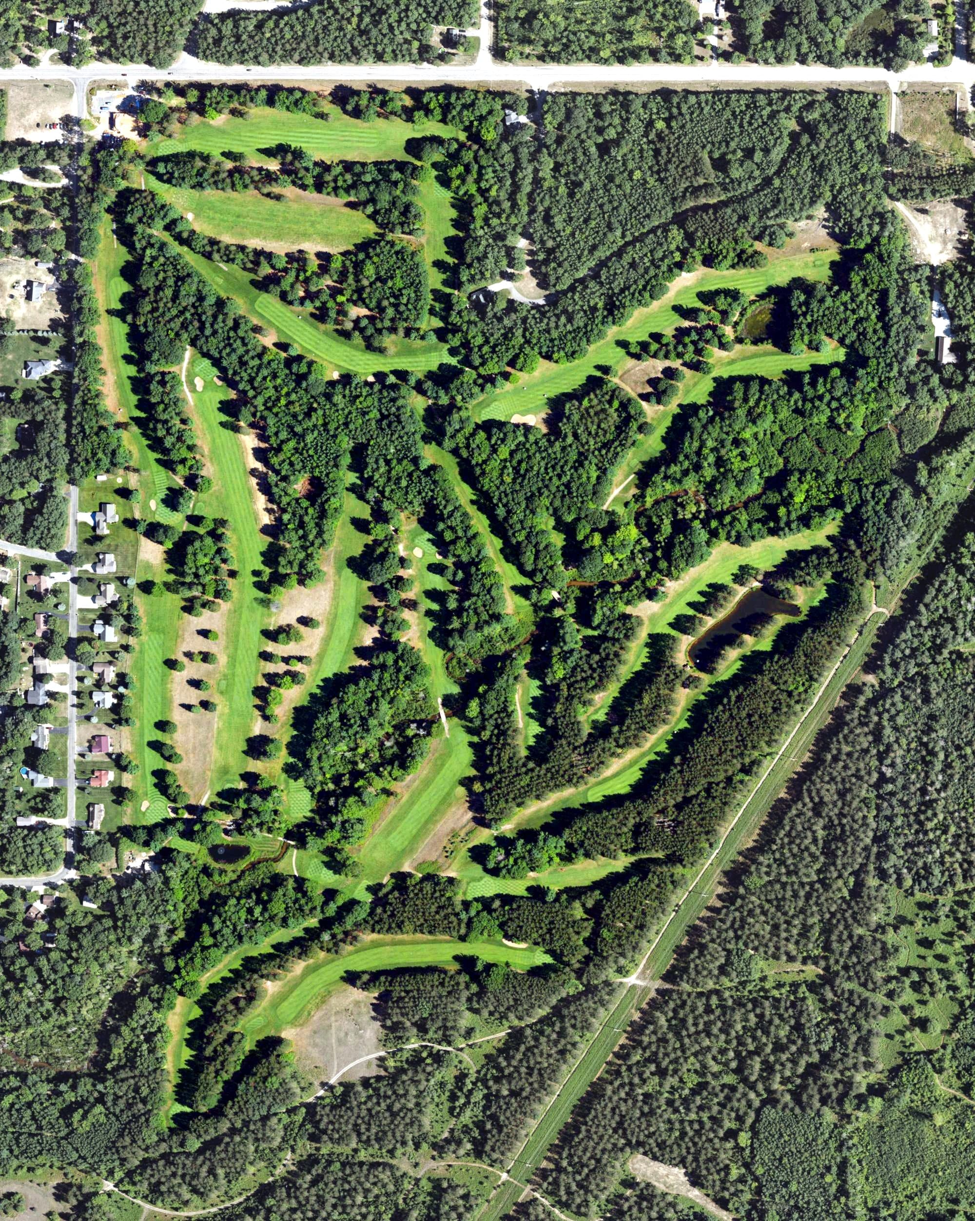Aerial view of Twin Birch Golf Course, MI, with its hole routing marked