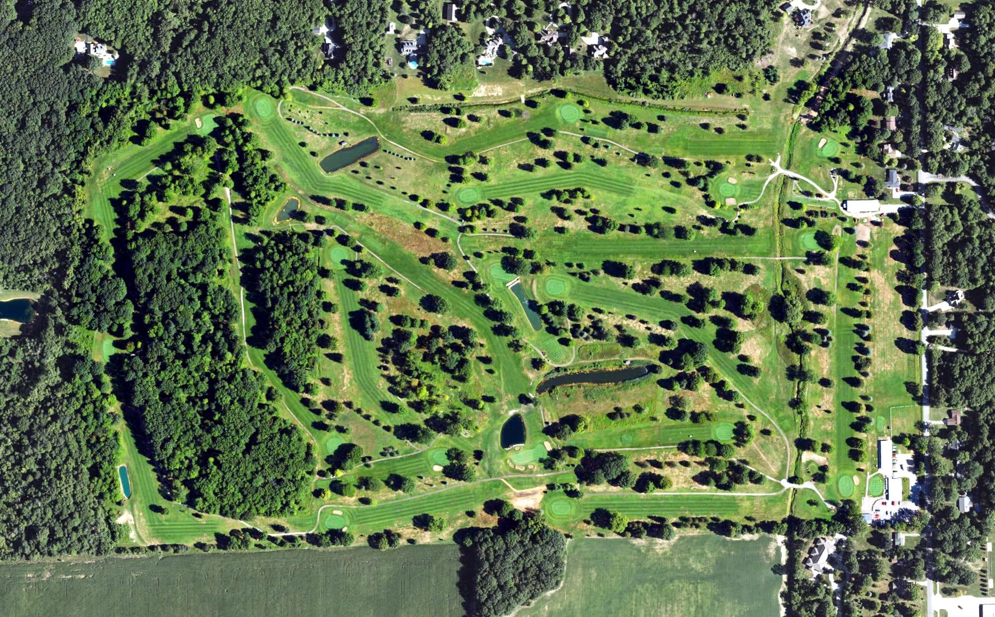 Aerial view of Twin Brooks Golf Course, MI, with its hole routing marked