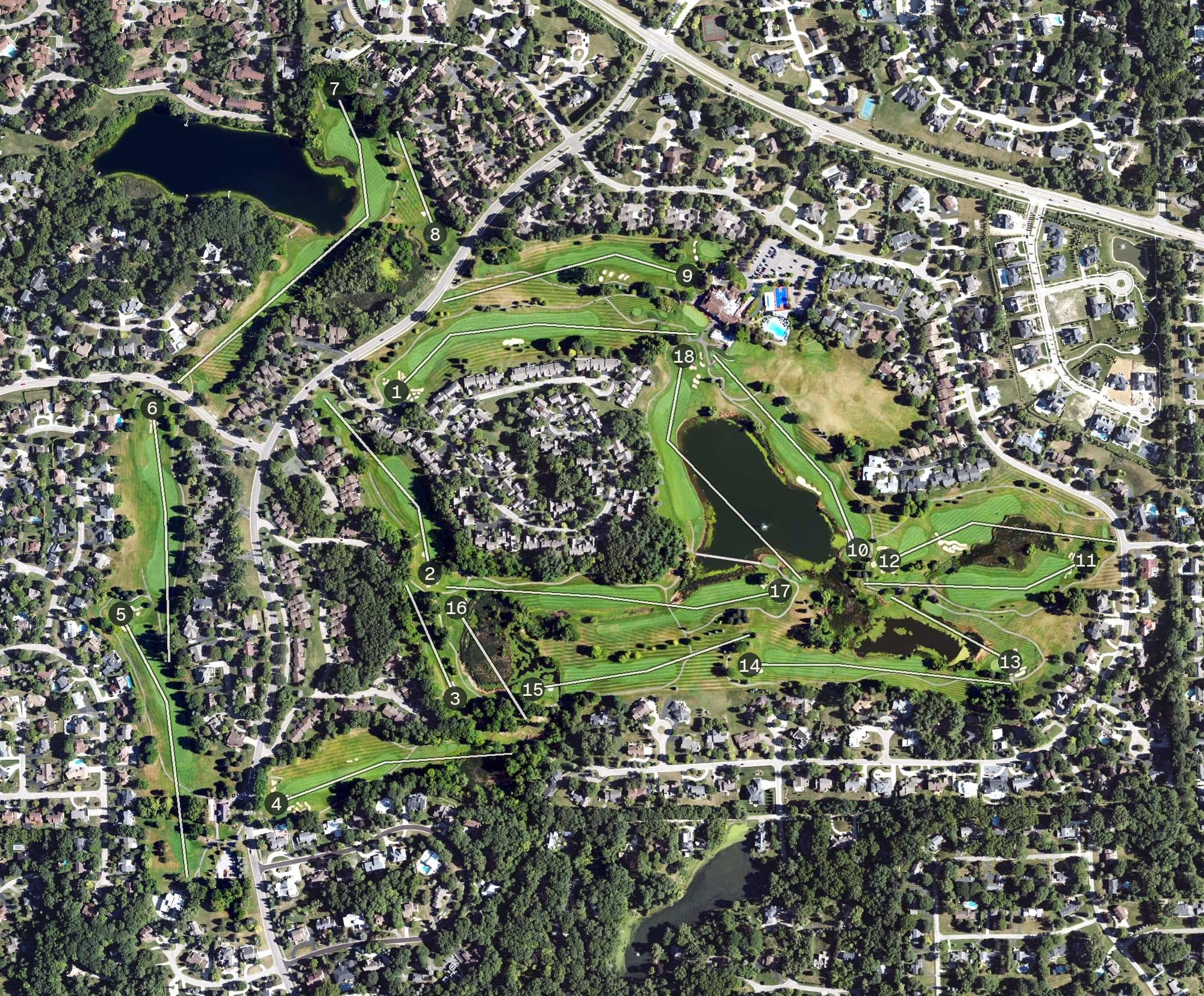 Aerial view of Wabeek Country Club, MI, with its hole routing marked
