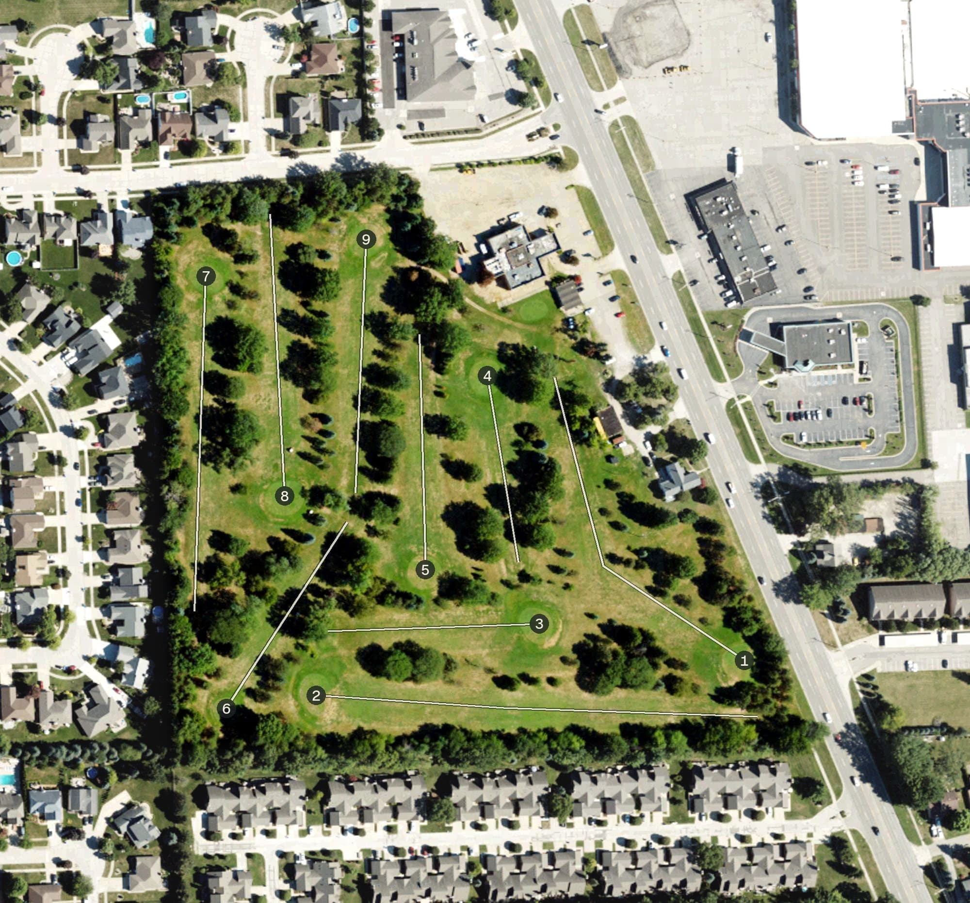 Aerial view of Warfield Greens Golf Club, MI, with its hole routing marked