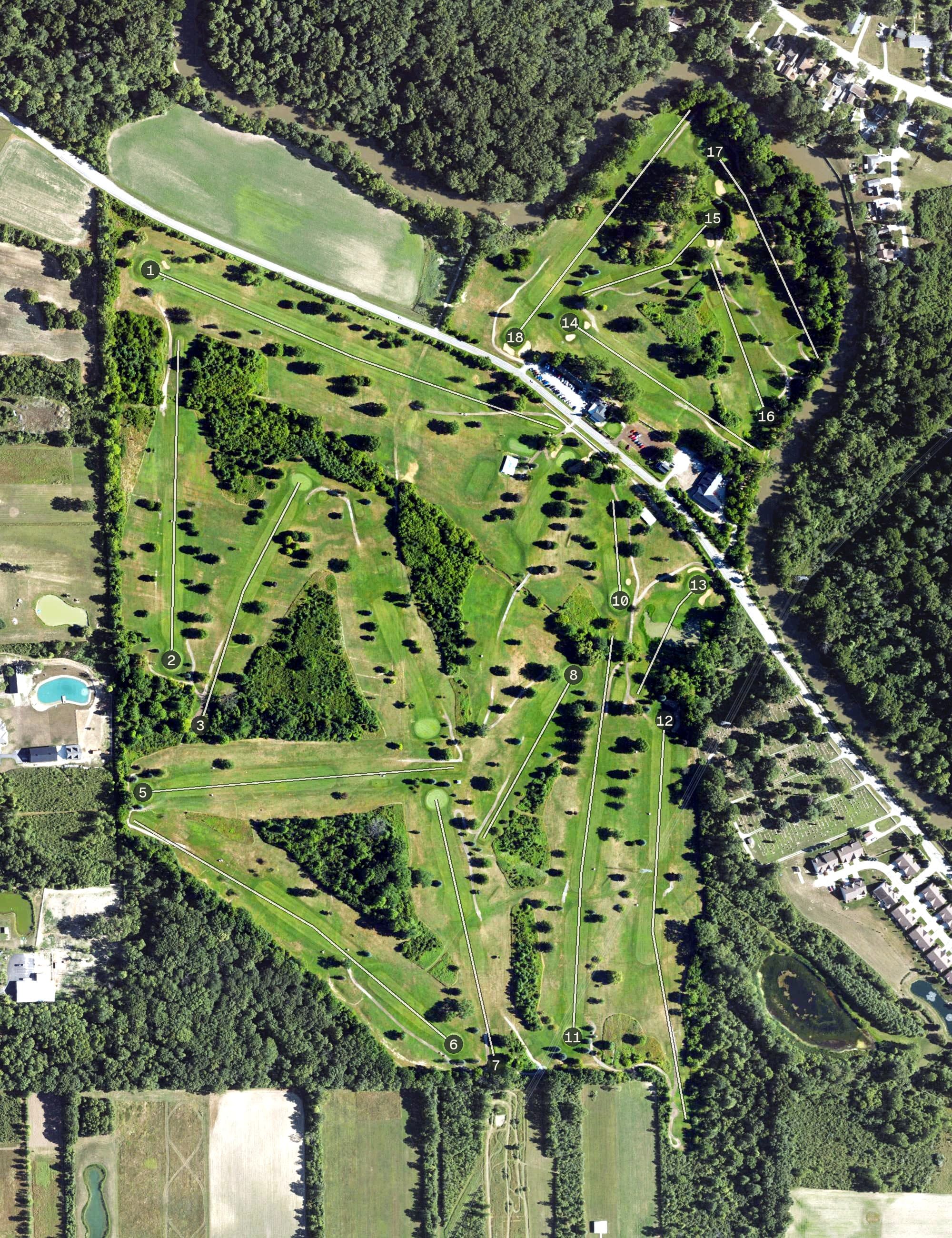Aerial view of Wesburn Golf Club, MI, with its hole routing marked