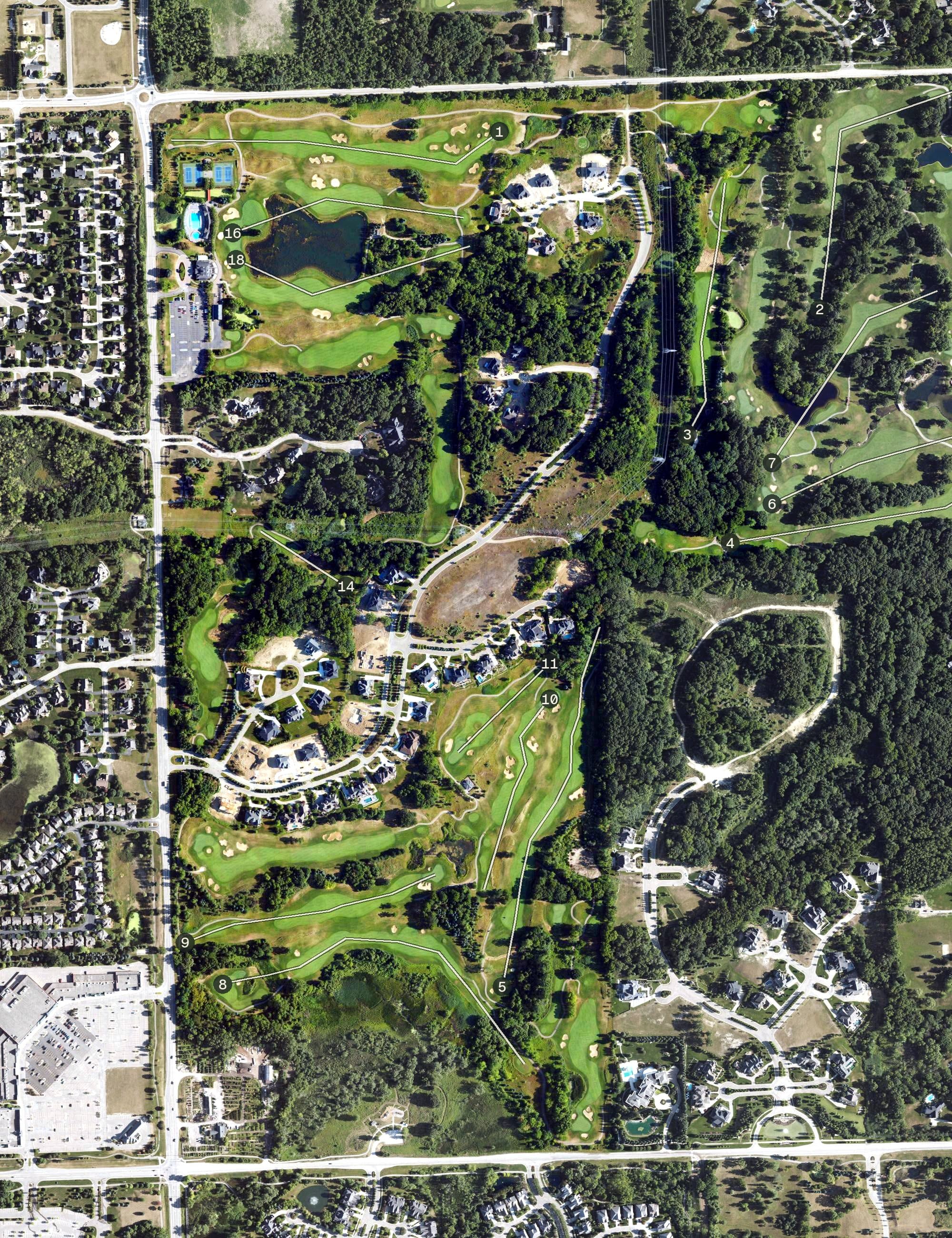 Aerial view of Westwynd Golf Course, MI, with its hole routing marked