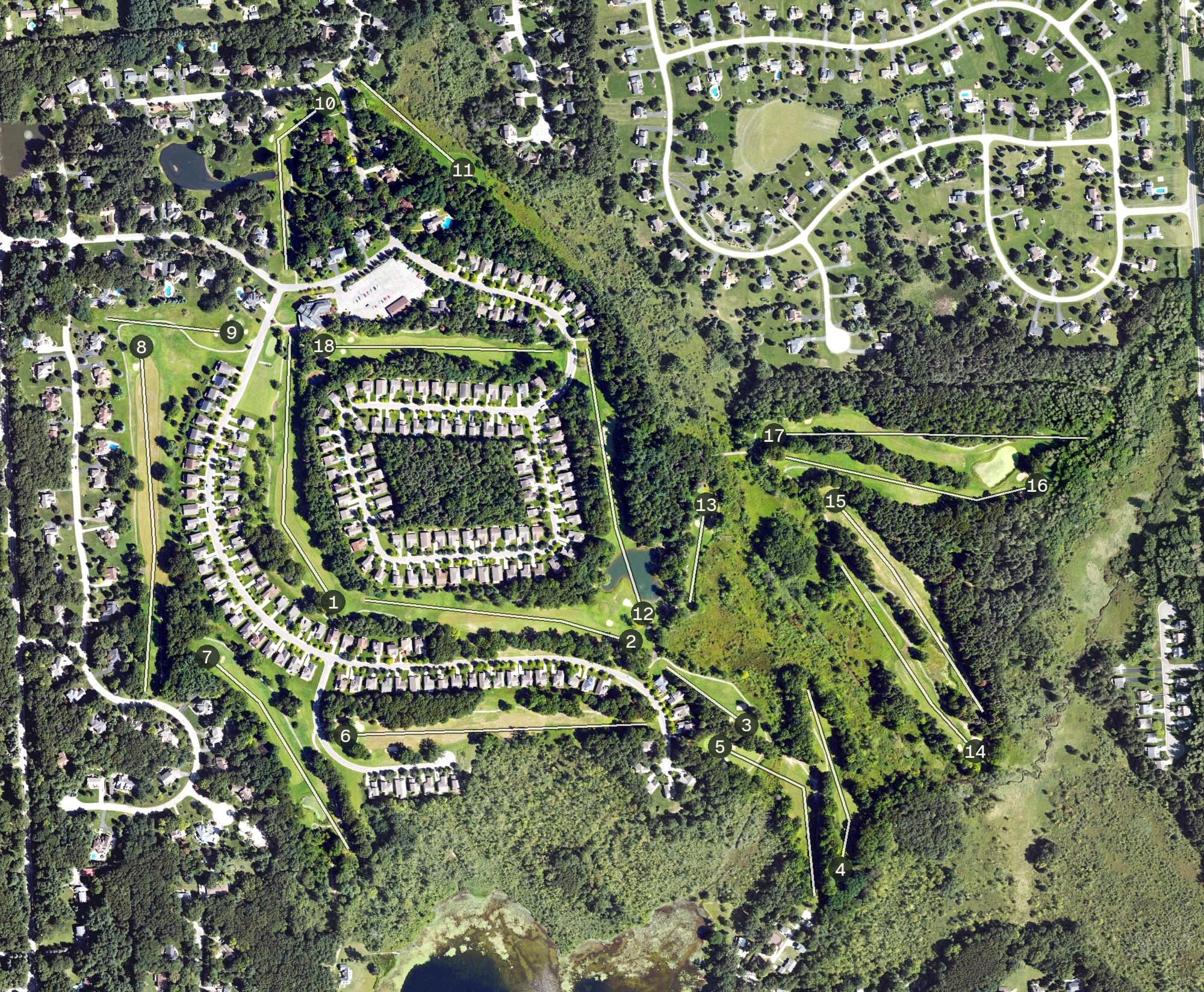 Aerial view of Whispering Pines Golf Club, MI, with its hole routing marked