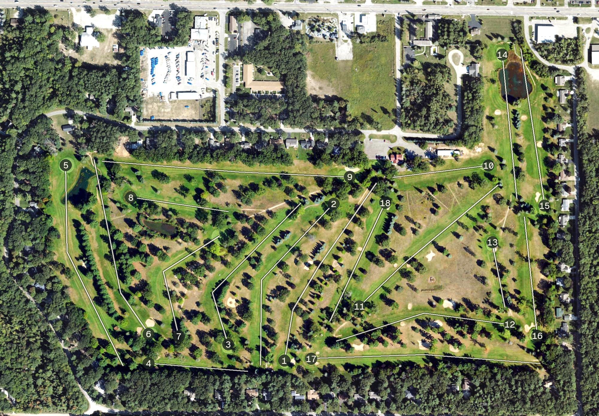 Aerial view of White Deer Country Club, MI, with its hole routing marked