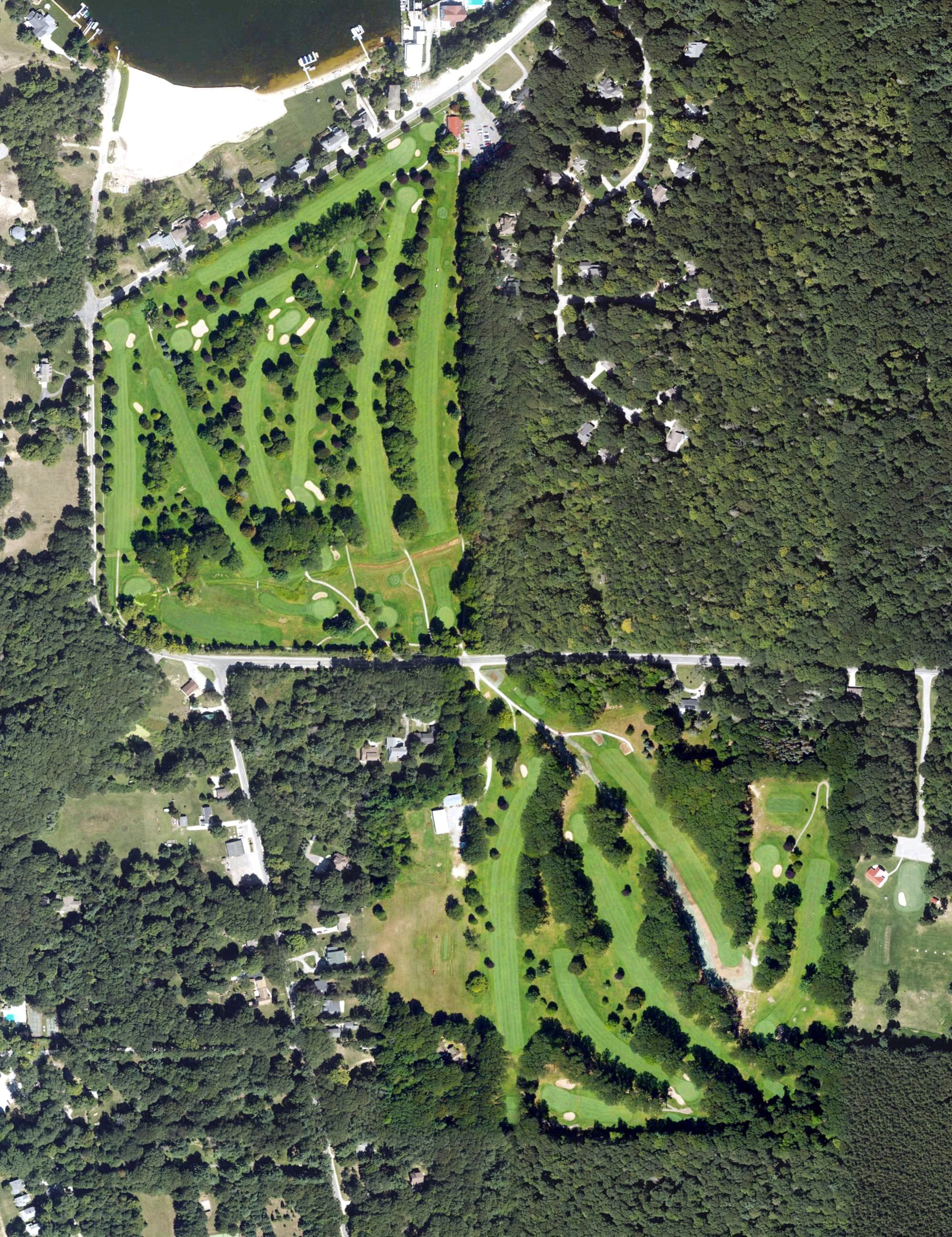 Aerial view of White Lake Golf Club, MI, with its hole routing marked