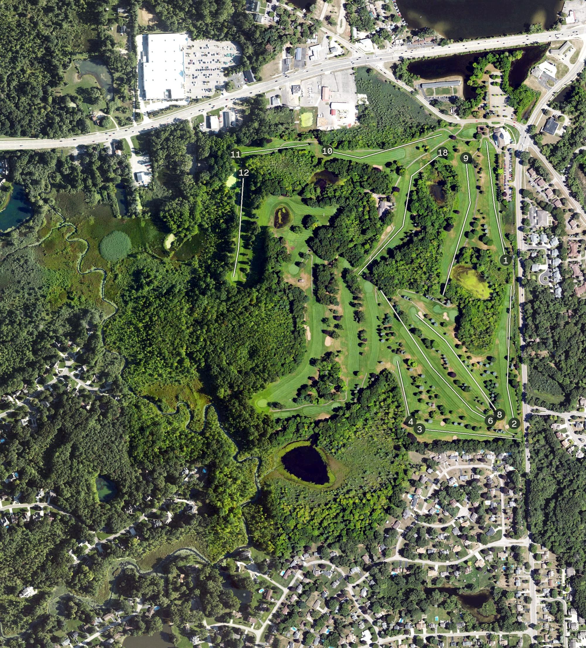 Aerial view of White Lake Oaks Golf Course, MI, with its hole routing marked