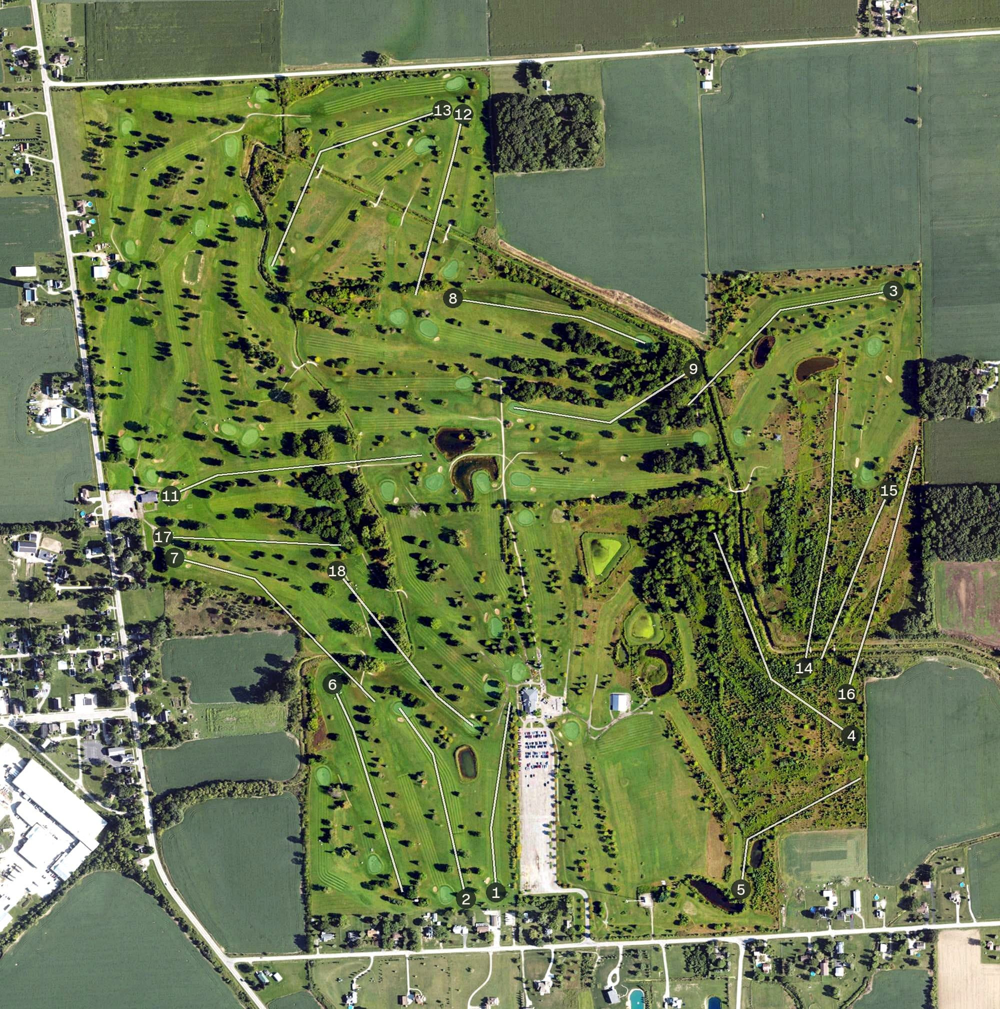 Aerial view of Whiteford Valley Golf Club, MI, with its hole routing marked