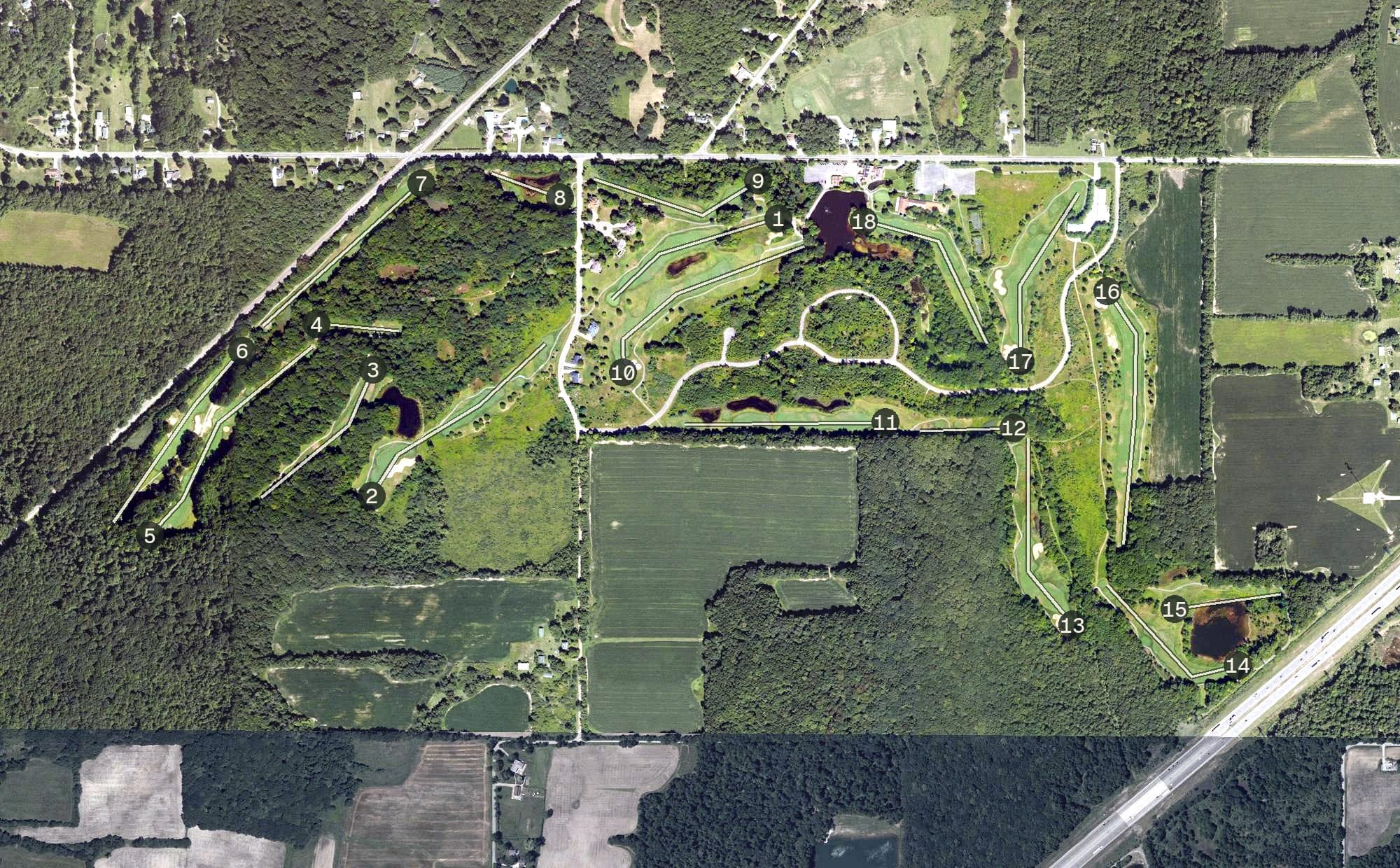 Aerial view of Whittaker Woods Golf Club, MI, with its hole routing marked