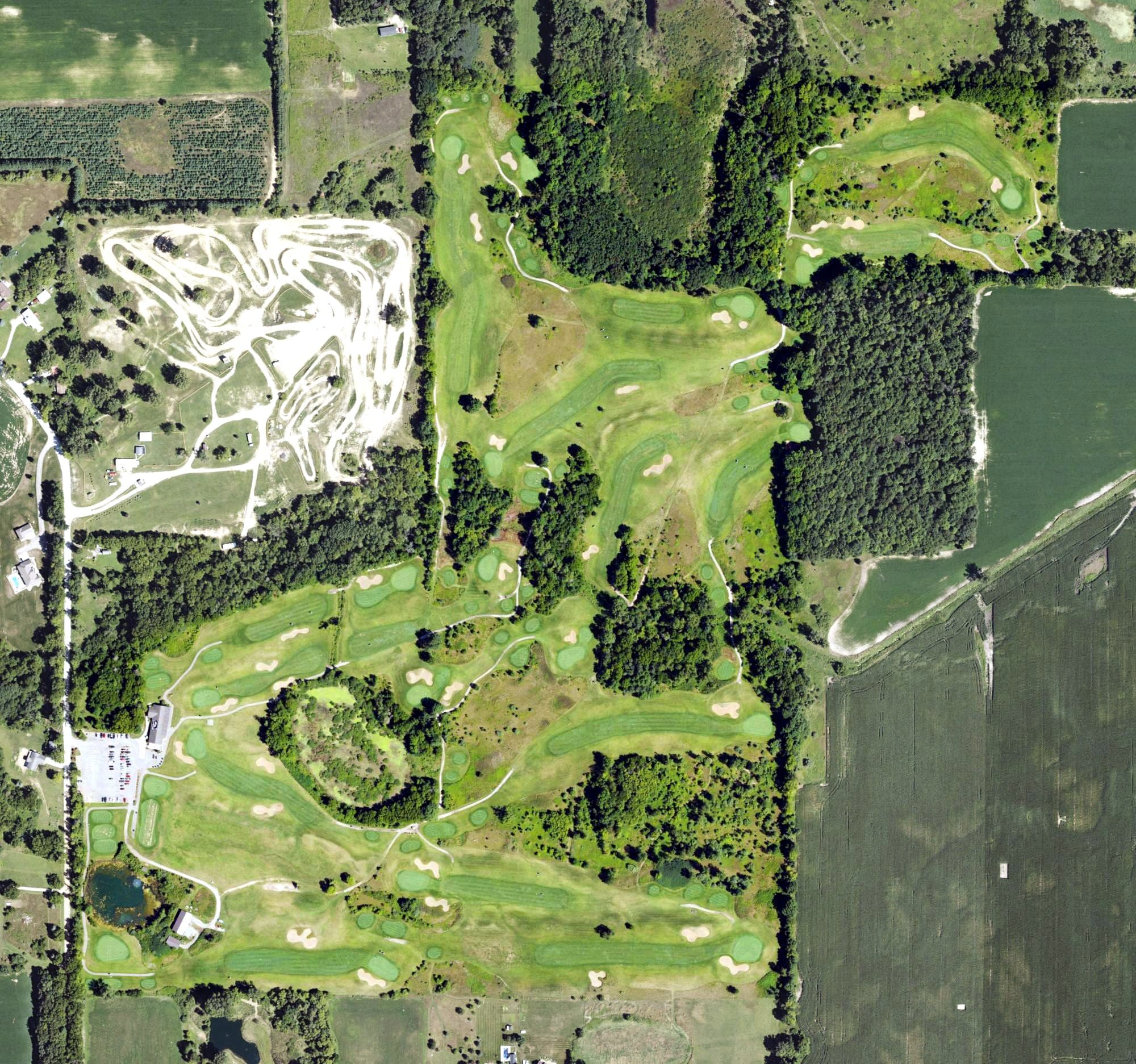 Aerial view of Willow Wood Golf Course, MI, with its hole routing marked